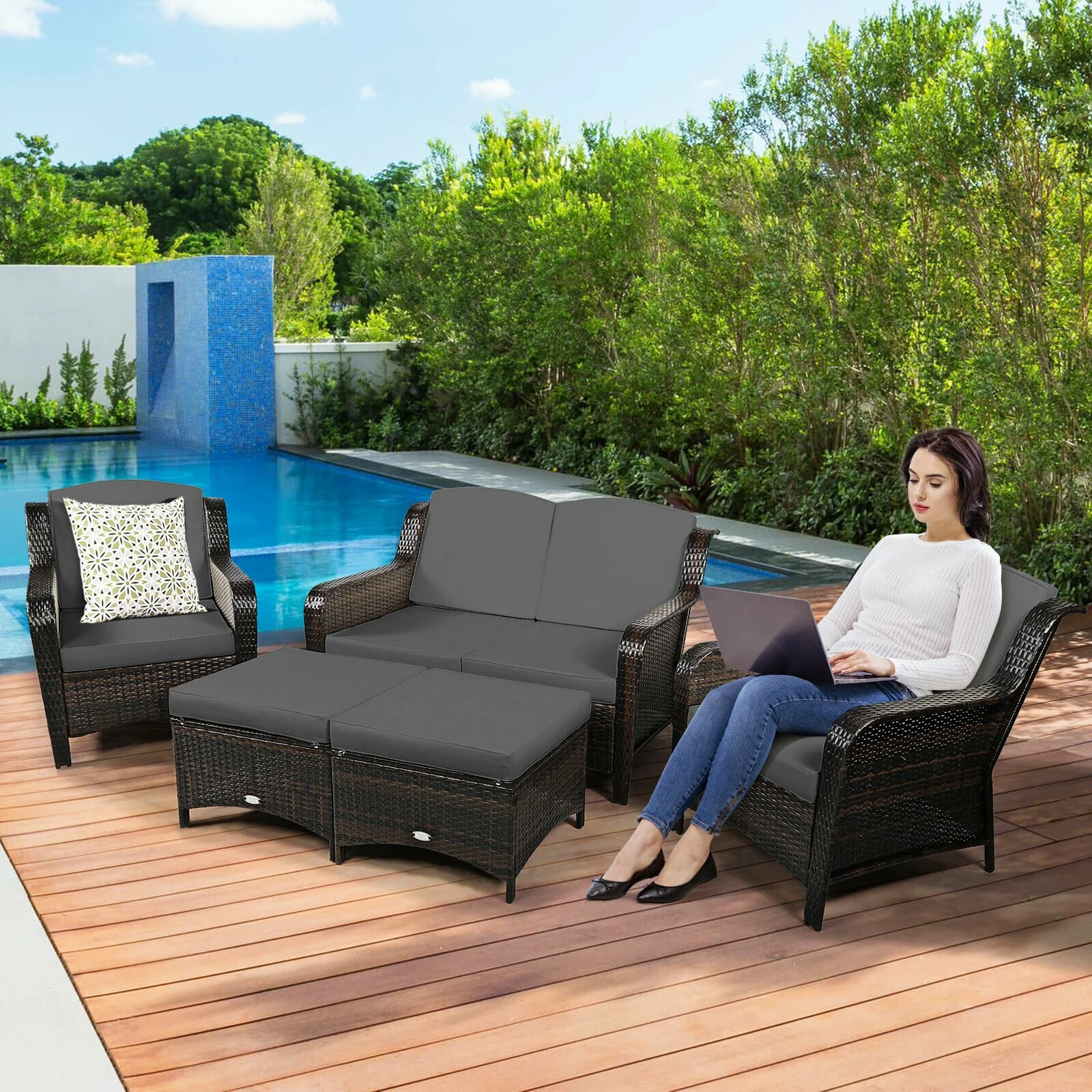 5 Piece Patio Rattan Sofa Set, Cushion Ottoman, Gray - Image 3