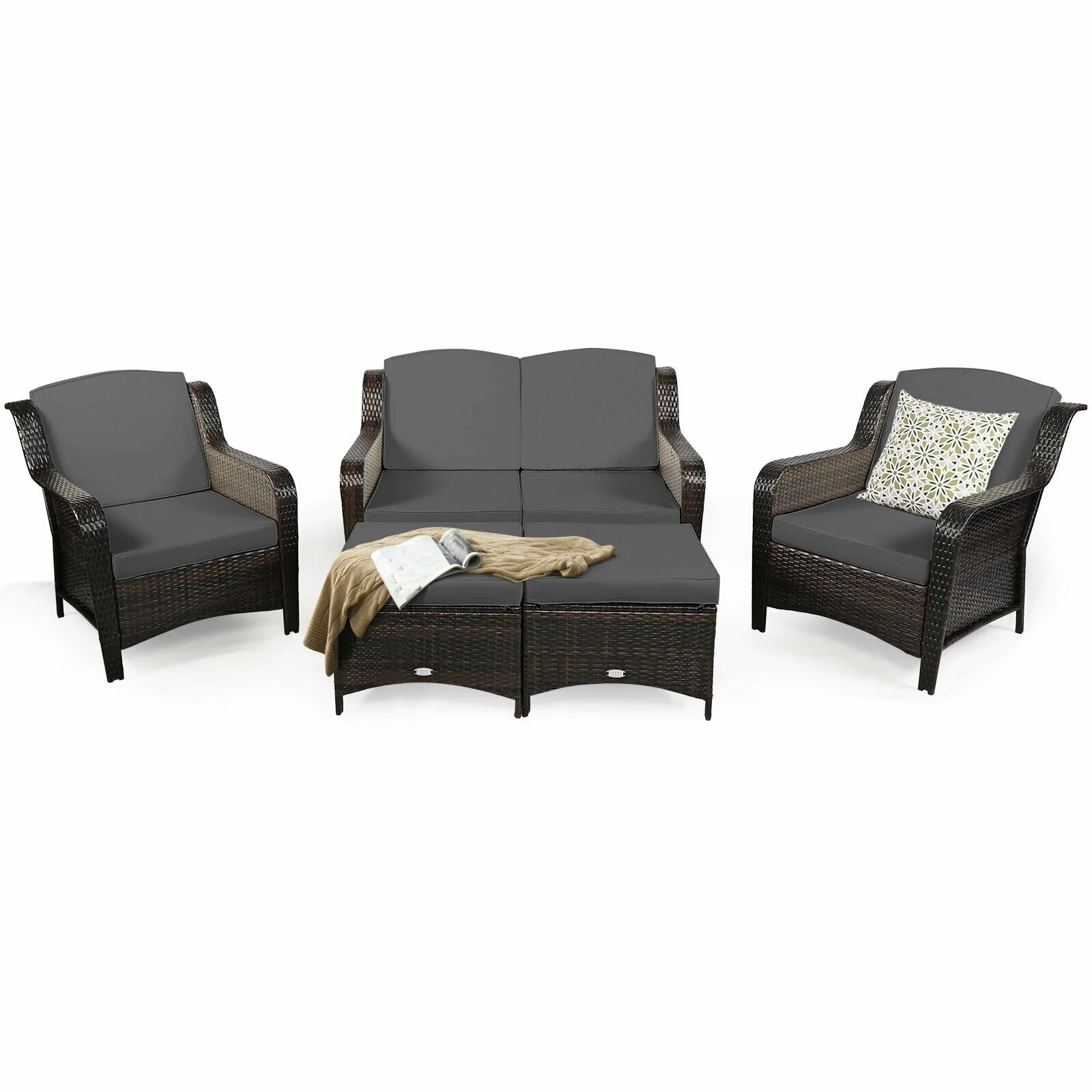 5 Piece Patio Rattan Sofa Set, Cushion Ottoman, Gray - Image 4