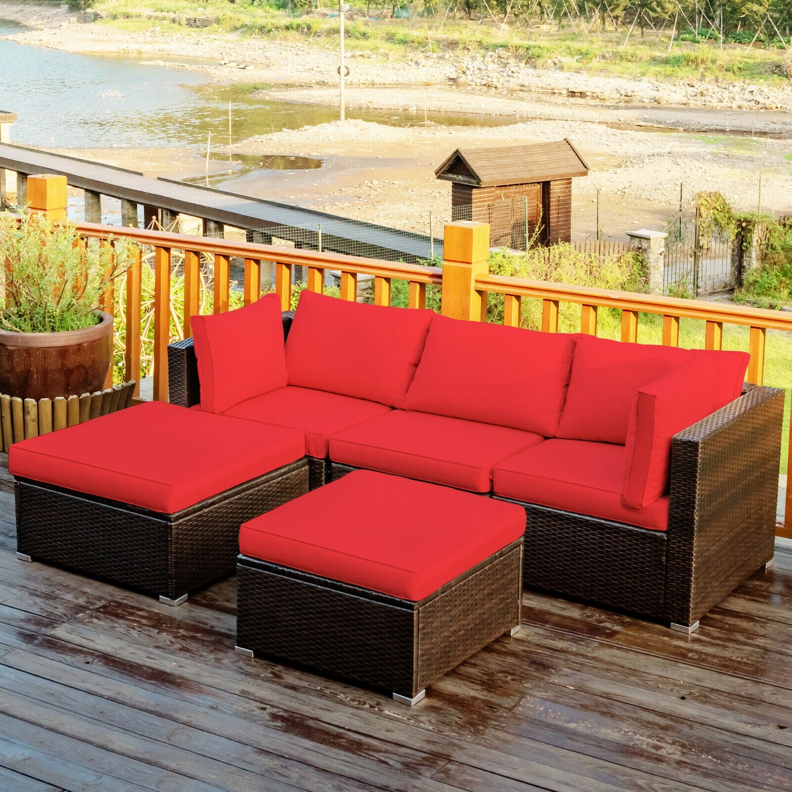 5 Piece Patio Rattan Sofa Set With Cushion, Ottoman, Red - Image 2