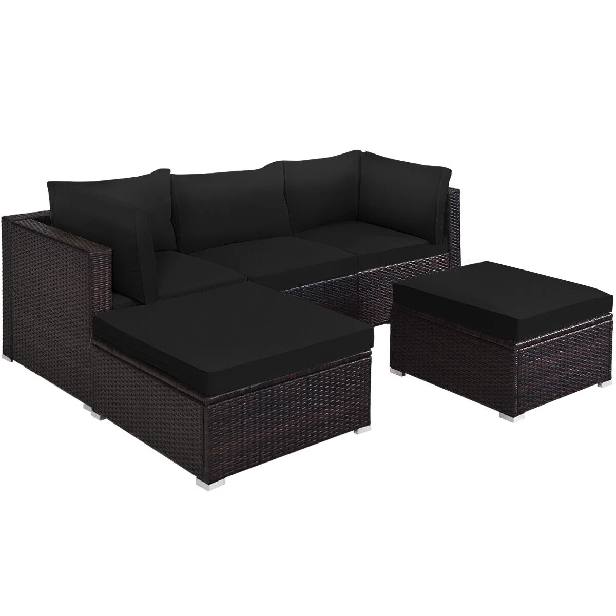 5 Piece Patio Sectional Rattan Furniture Set, Black