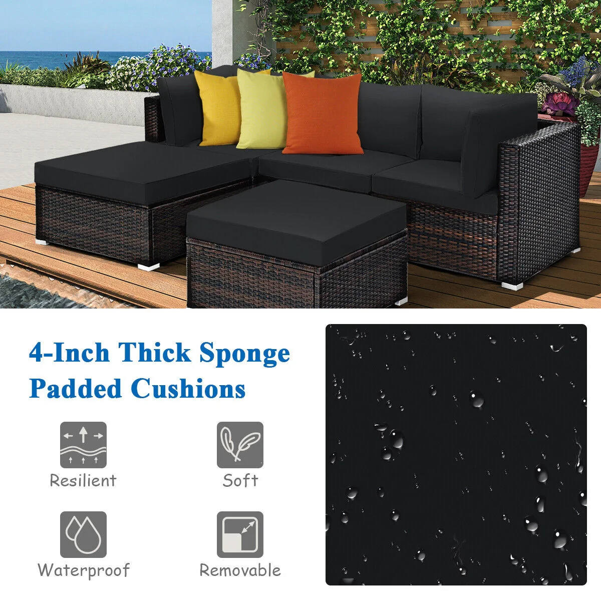 5 Piece Patio Sectional Rattan Furniture Set, Black - Image 10