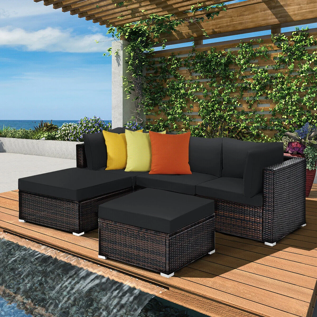5 Piece Patio Sectional Rattan Furniture Set, Black - Image 2