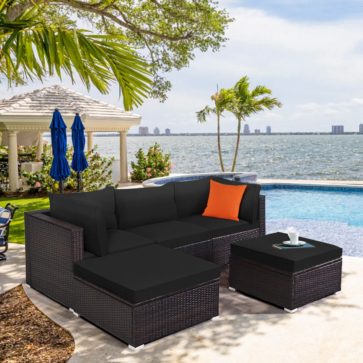 5 Piece Patio Sectional Rattan Furniture Set, Black - Image 3
