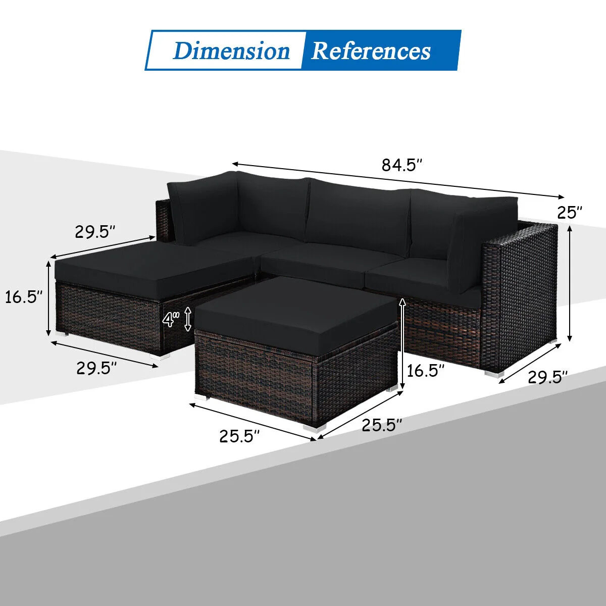 5 Piece Patio Sectional Rattan Furniture Set, Black - Image 6