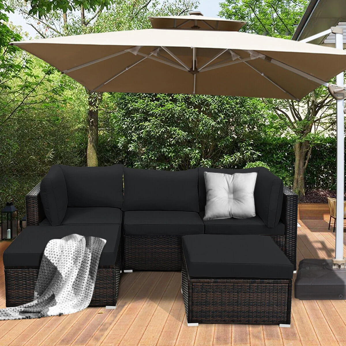 5 Piece Patio Sectional Rattan Furniture Set, Black - Image 7