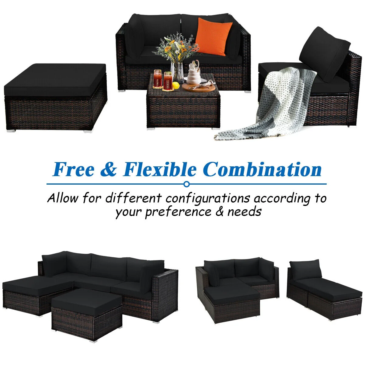 5 Piece Patio Sectional Rattan Furniture Set, Black - Image 8