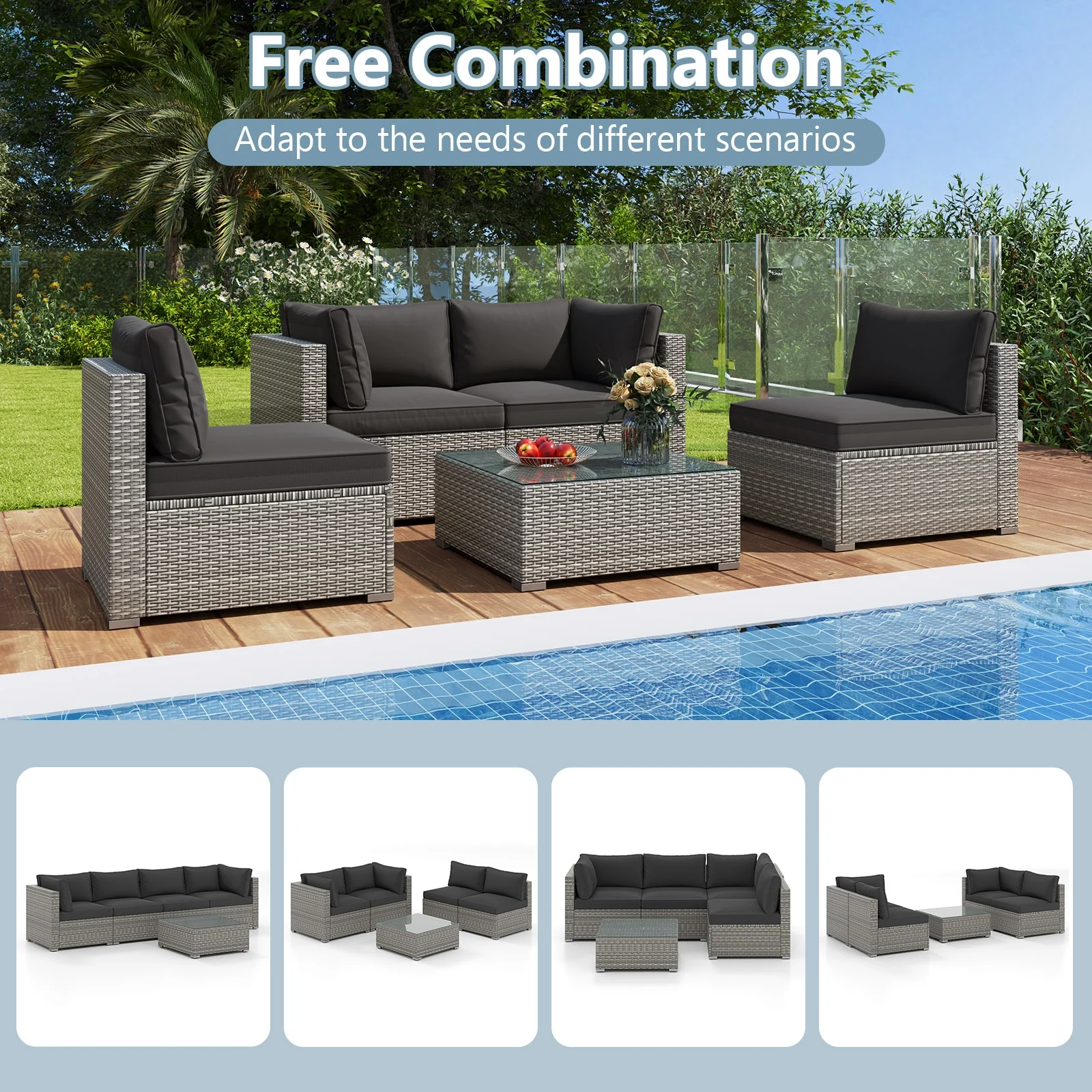5-Piece Patio Sectional Sofa, Glass Coffee Table, Black - Image 10