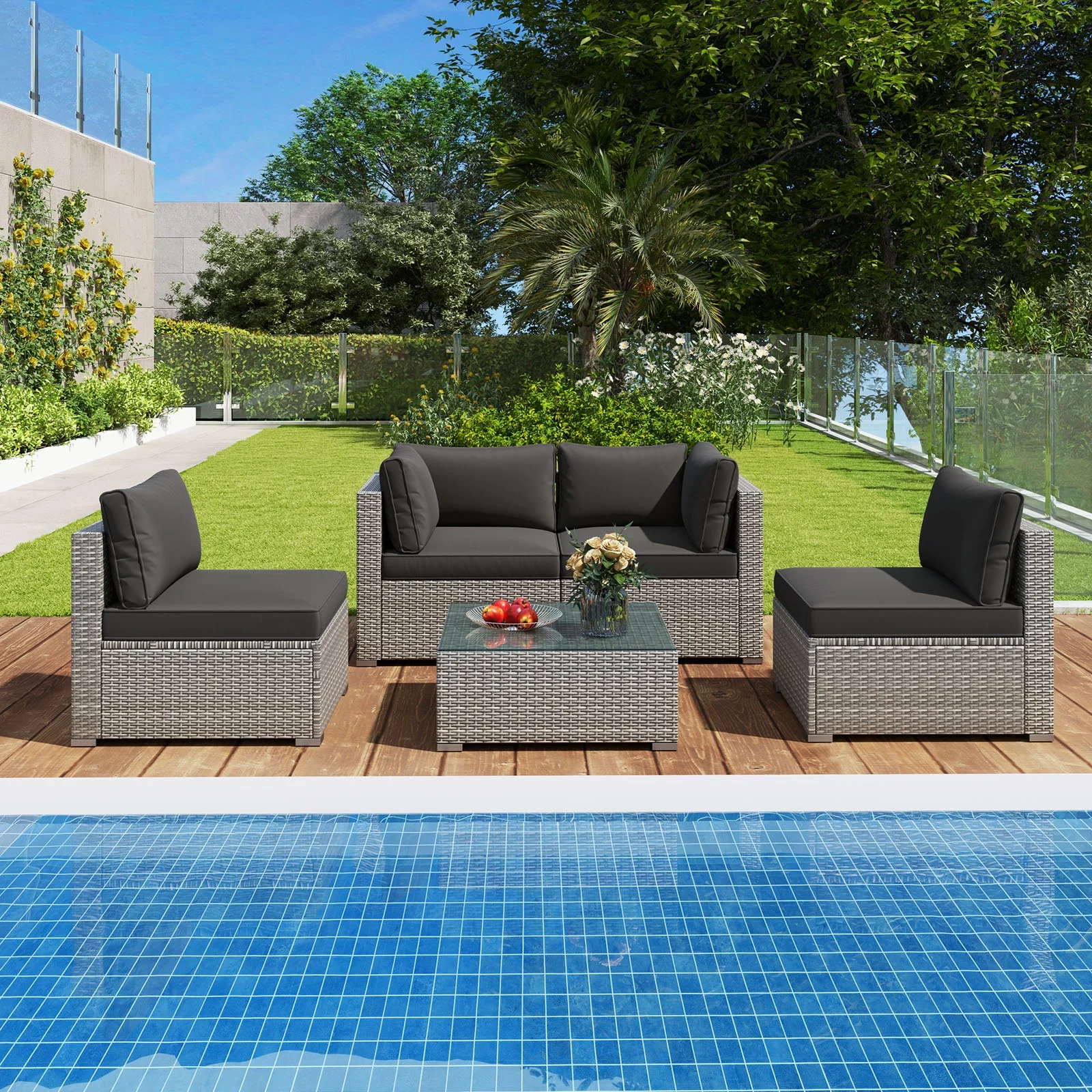 5-Piece Patio Sectional Sofa, Glass Coffee Table, Black - Image 2