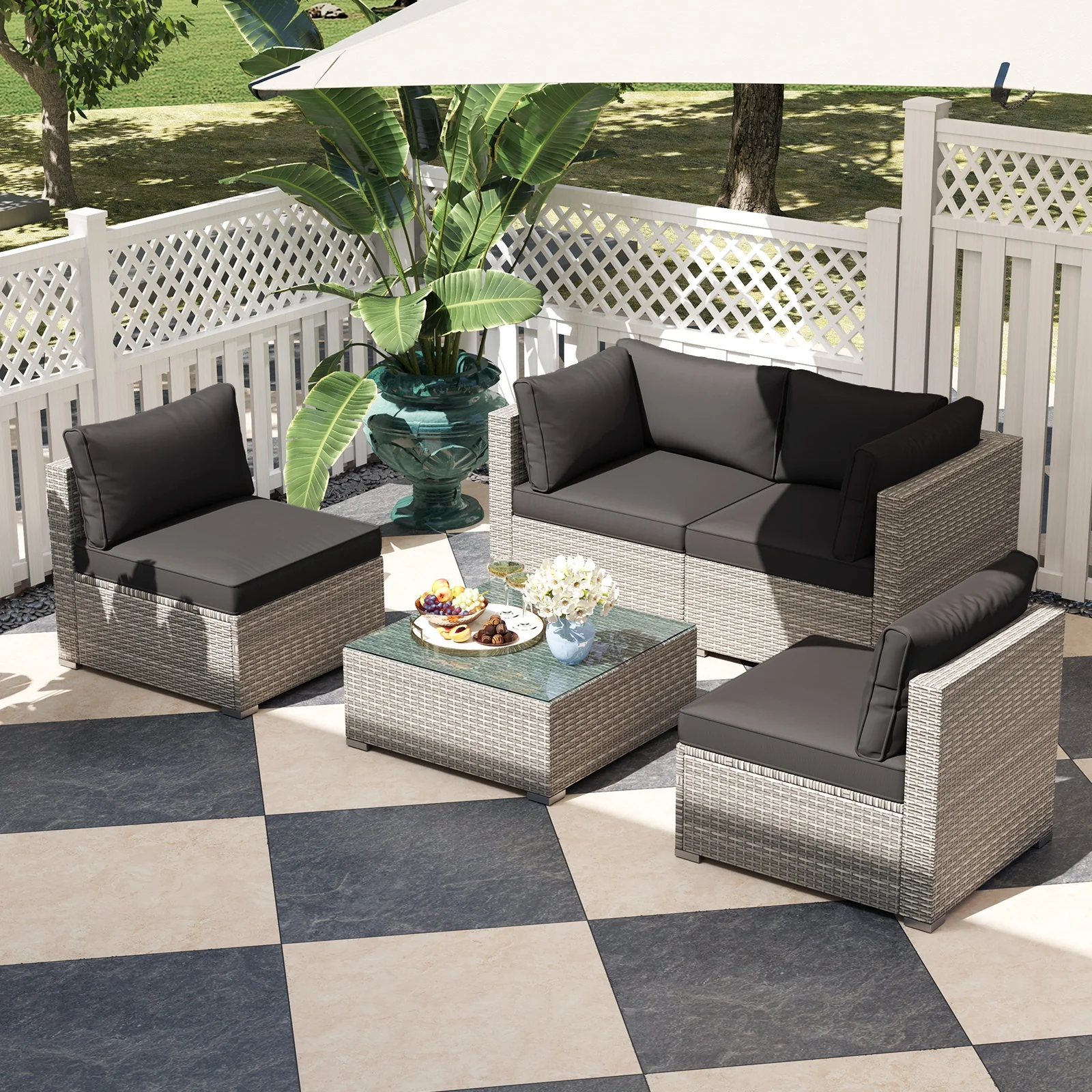 5-Piece Patio Sectional Sofa, Glass Coffee Table, Black - Image 3