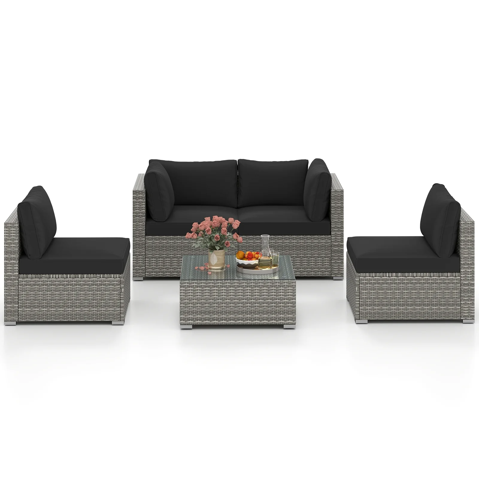 5-Piece Patio Sectional Sofa, Glass Coffee Table, Black - Image 5