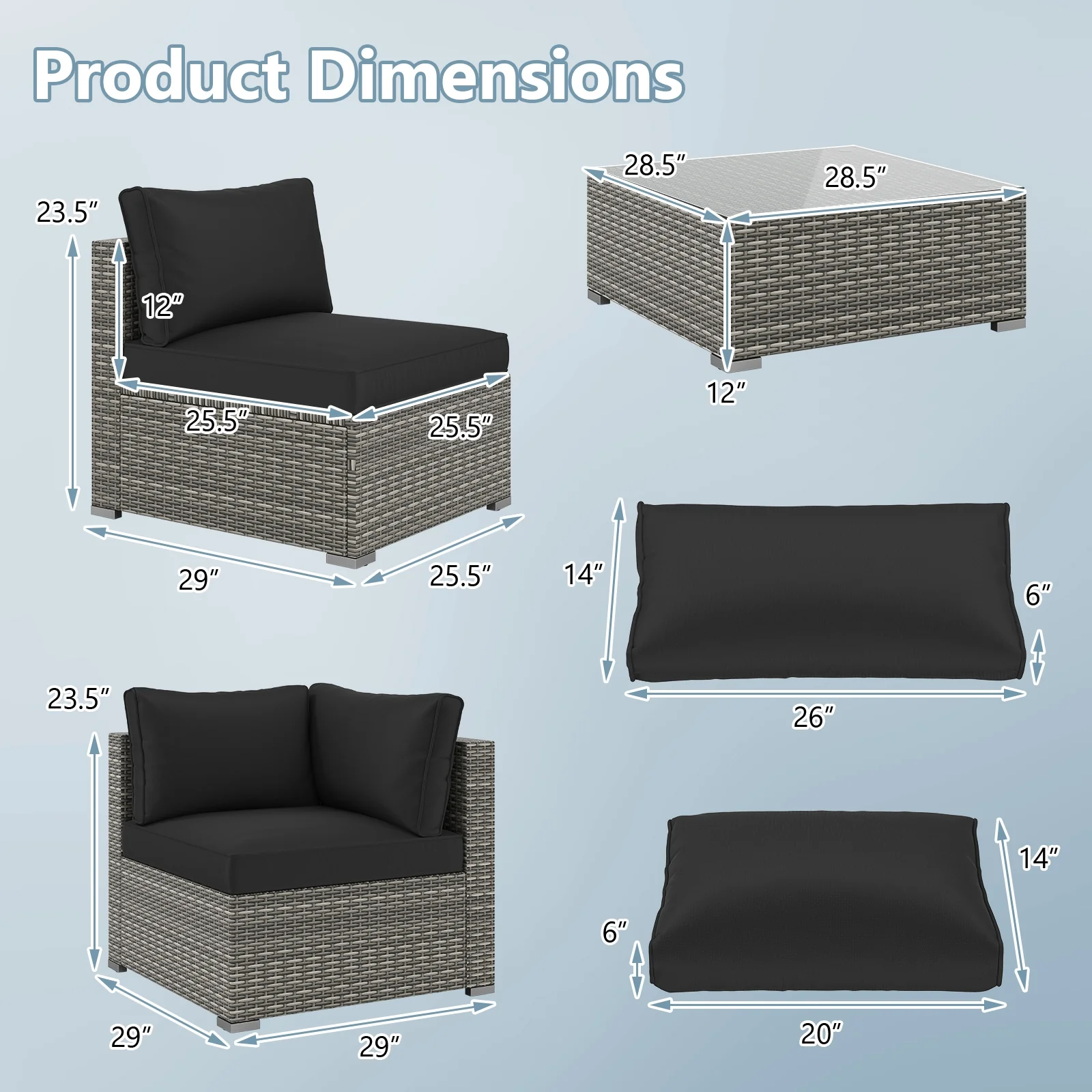 5-Piece Patio Sectional Sofa, Glass Coffee Table, Black - Image 6