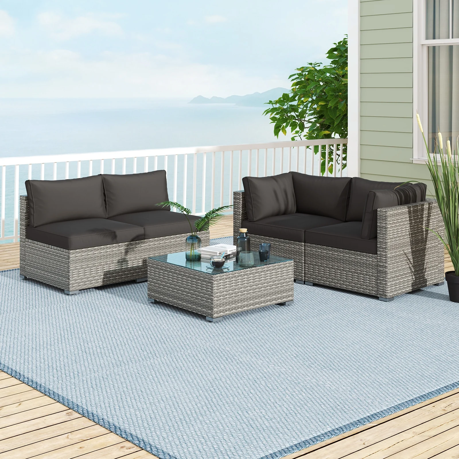 5-Piece Patio Sectional Sofa, Glass Coffee Table, Black - Image 7
