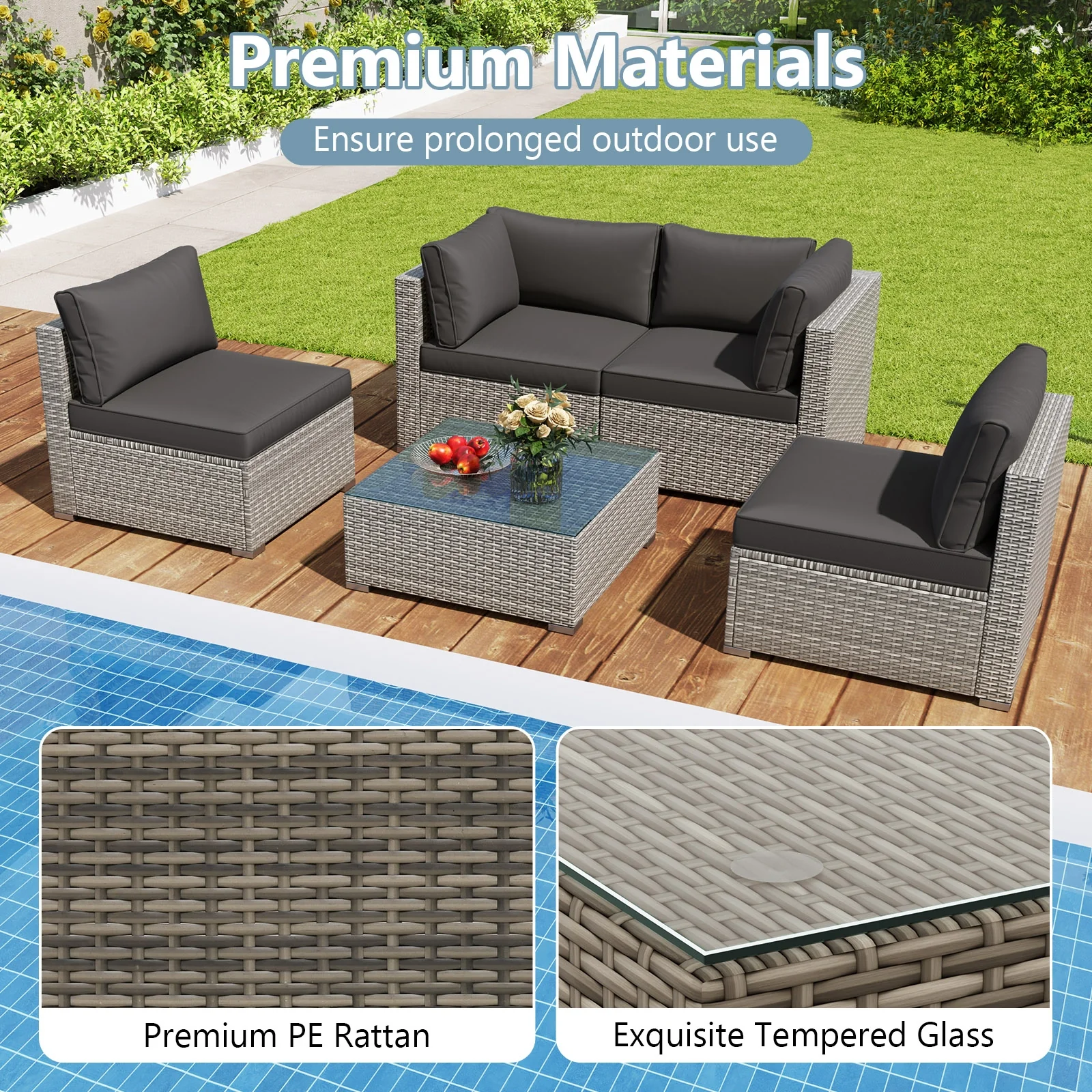 5-Piece Patio Sectional Sofa, Glass Coffee Table, Black - Image 8