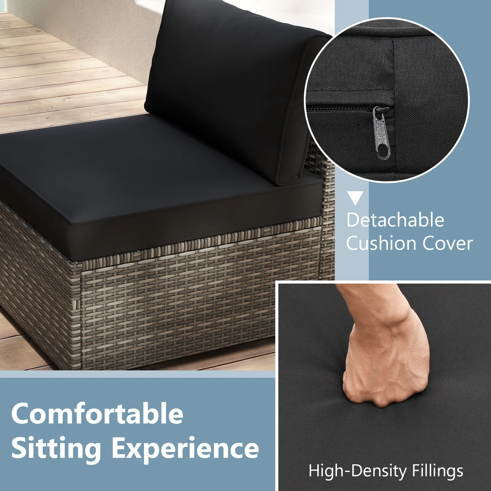 5-Piece Patio Sectional Sofa, Glass Coffee Table, Black - Image 9