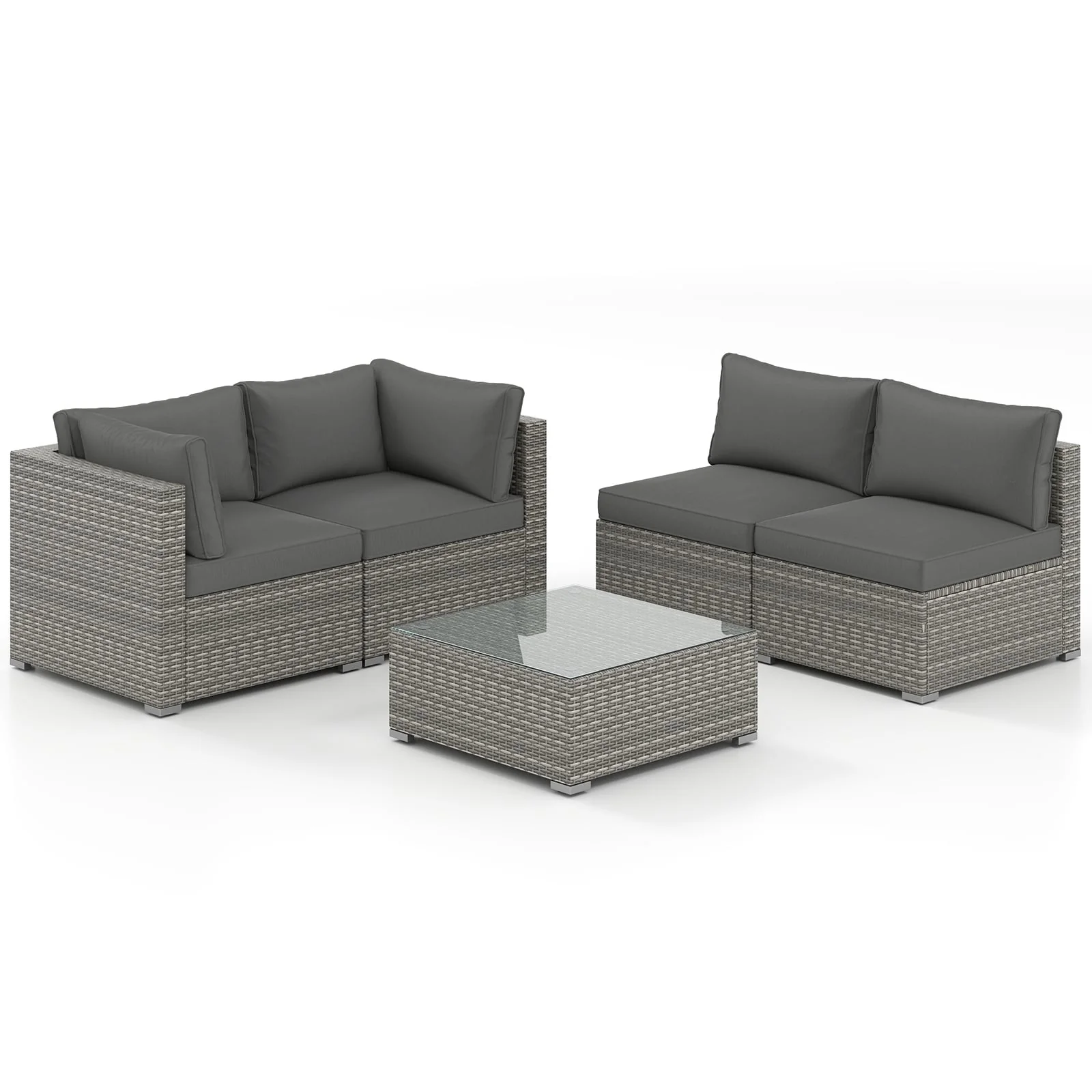 5-Piece Patio Sectional Sofa, Glass Coffee Table, Gray