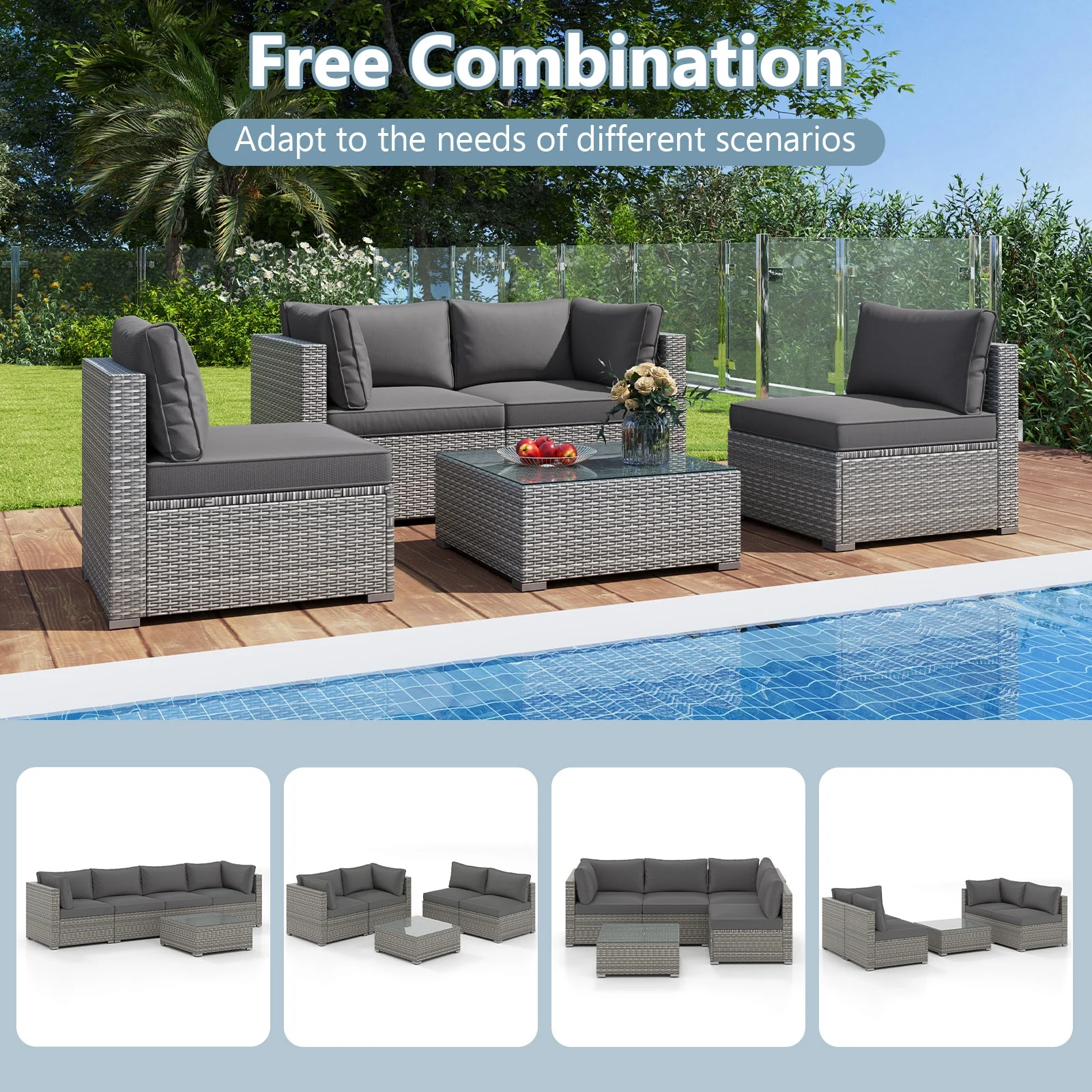 5-Piece Patio Sectional Sofa, Glass Coffee Table, Gray - Image 10