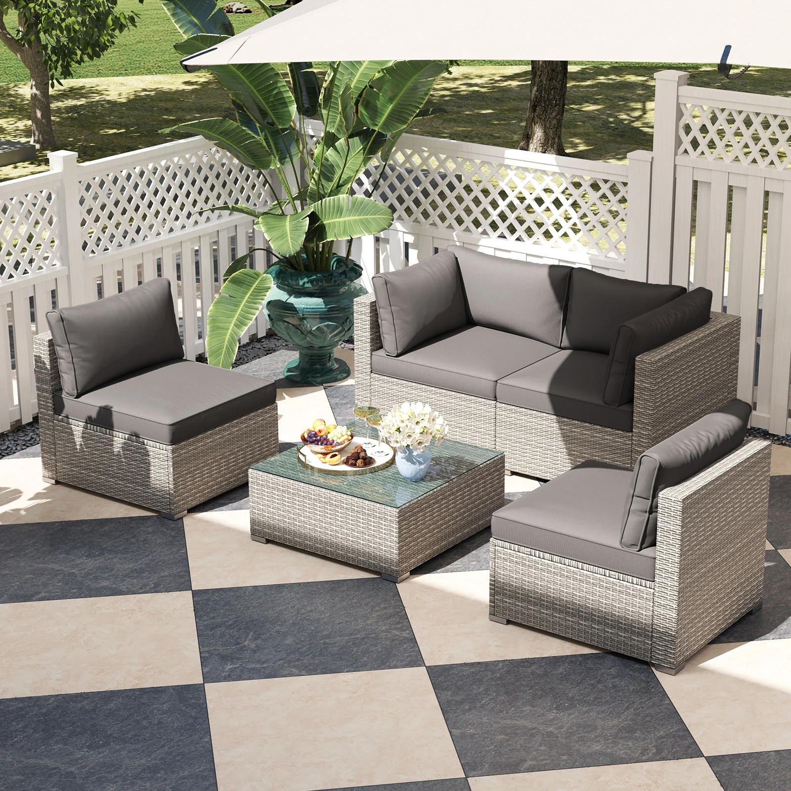 5-Piece Patio Sectional Sofa, Glass Coffee Table, Gray - Image 3