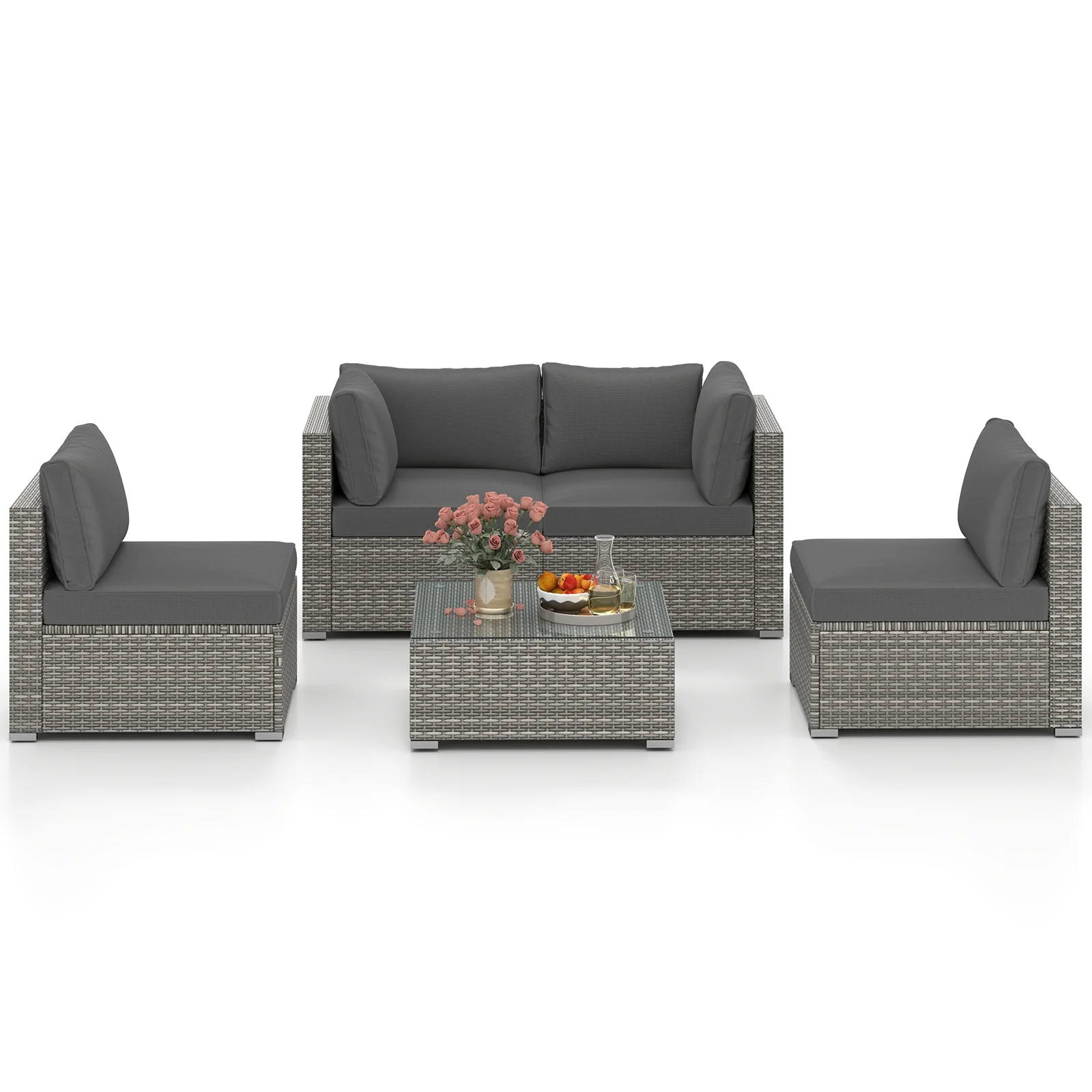 5-Piece Patio Sectional Sofa, Glass Coffee Table, Gray - Image 5