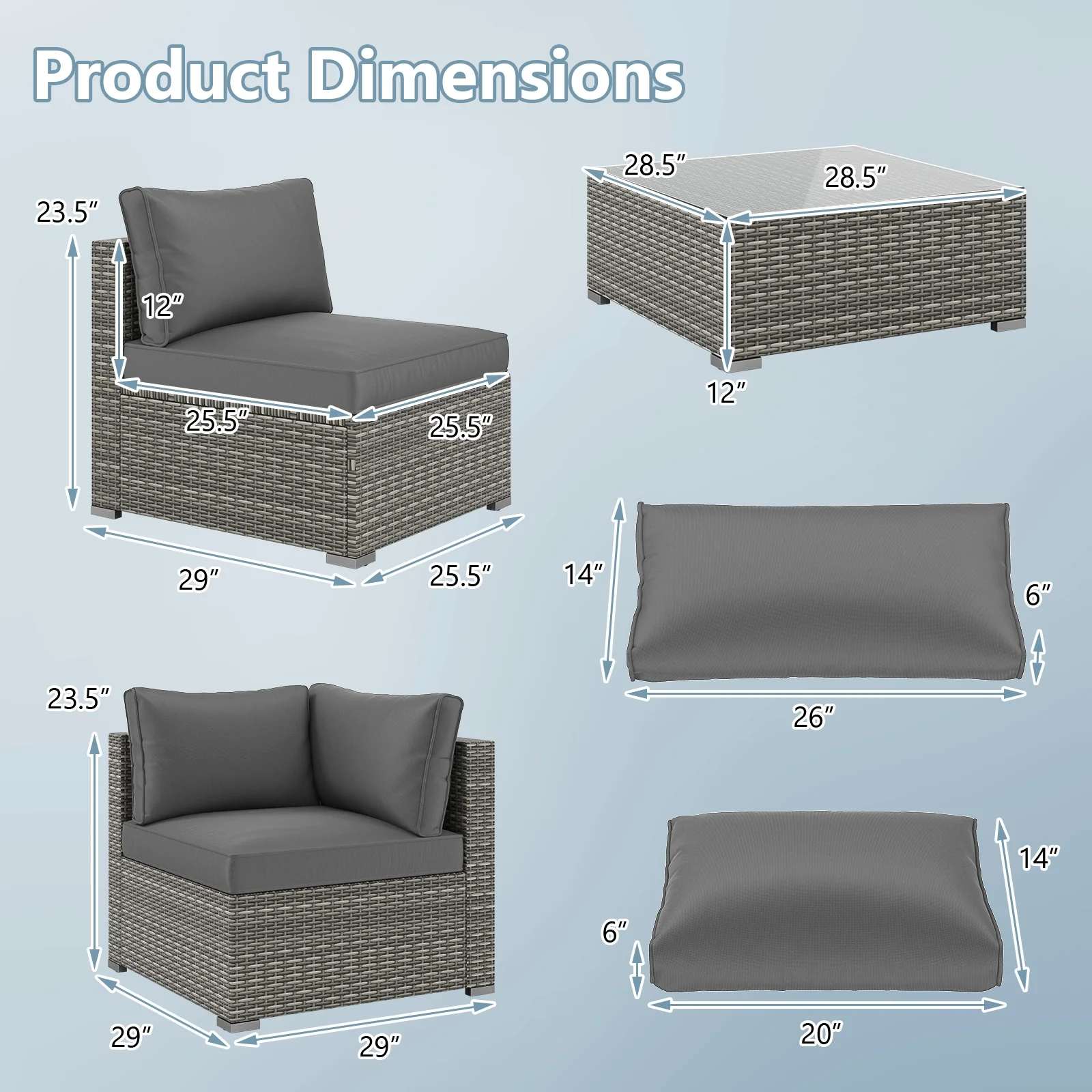 5-Piece Patio Sectional Sofa, Glass Coffee Table, Gray - Image 6