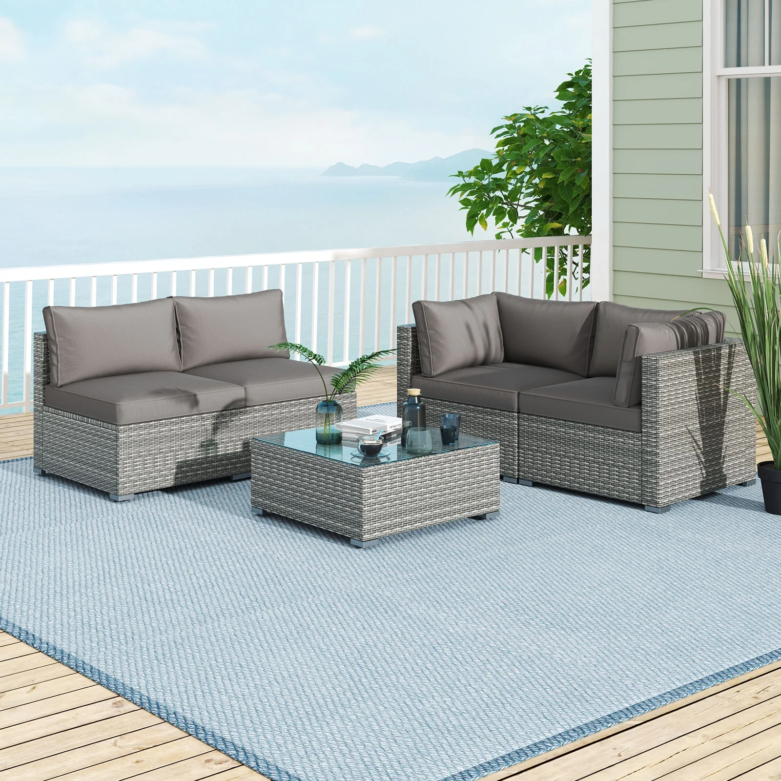 5-Piece Patio Sectional Sofa, Glass Coffee Table, Gray - Image 7