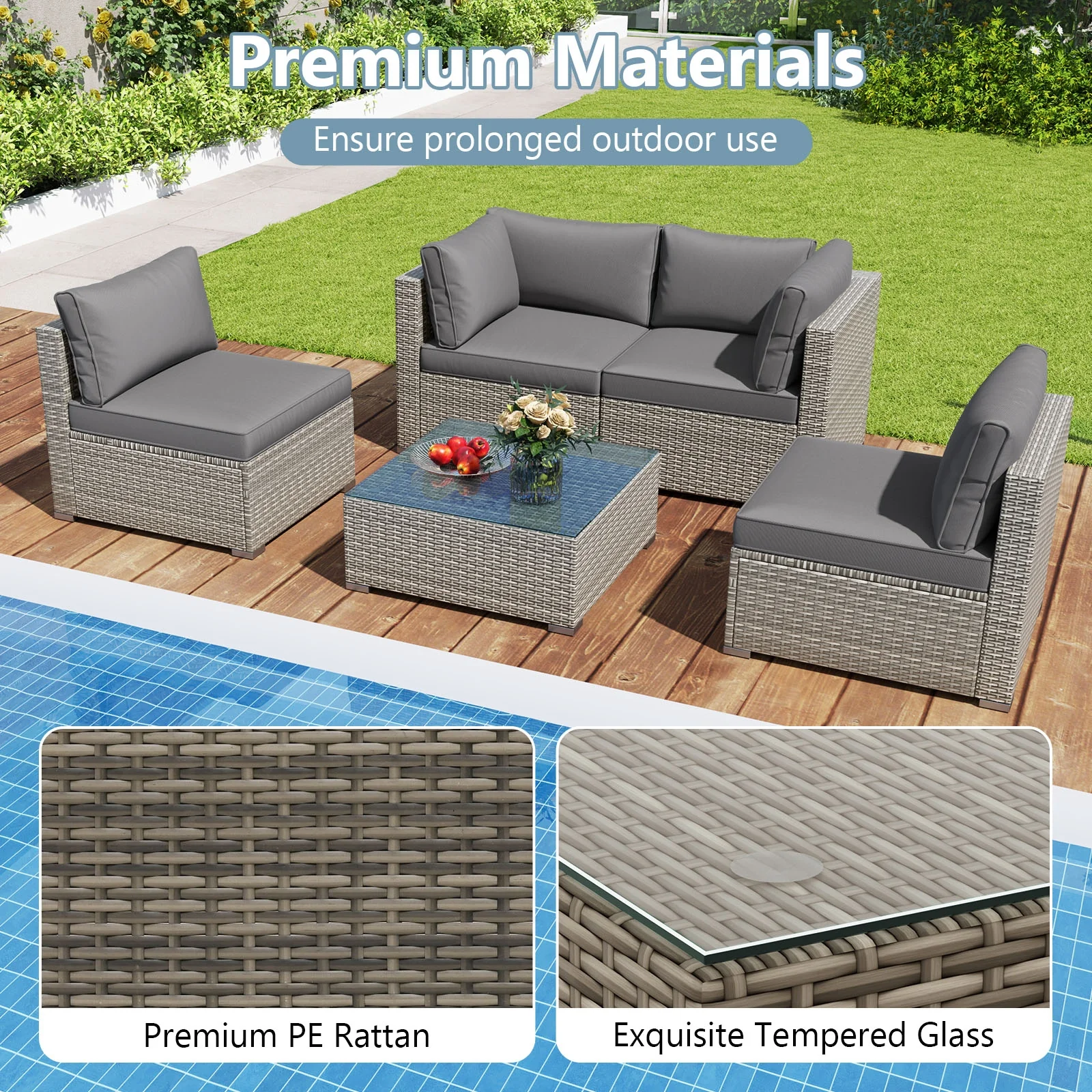 5-Piece Patio Sectional Sofa, Glass Coffee Table, Gray - Image 8