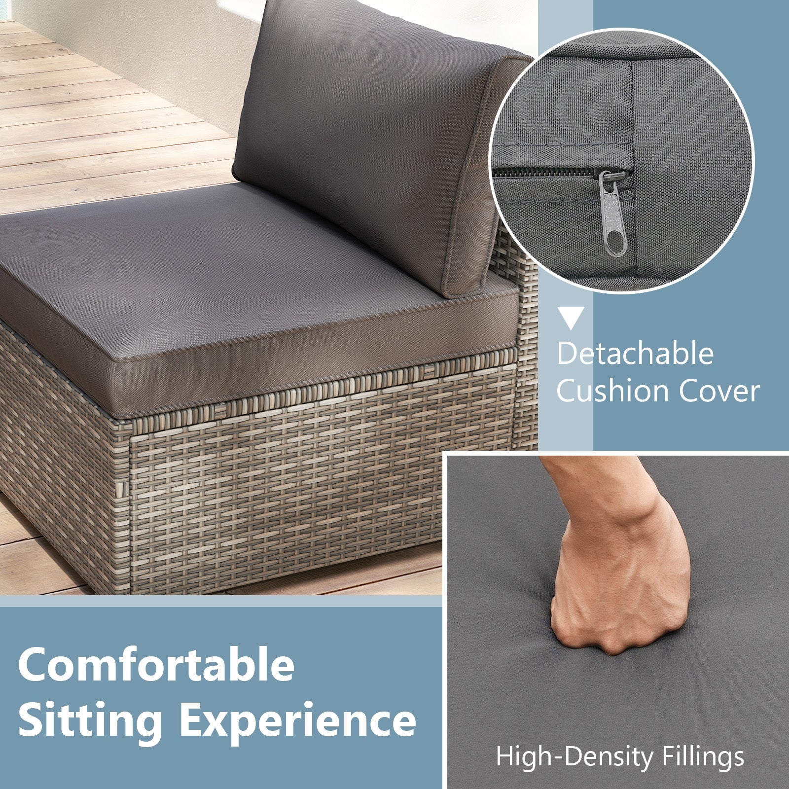 5-Piece Patio Sectional Sofa, Glass Coffee Table, Gray - Image 9