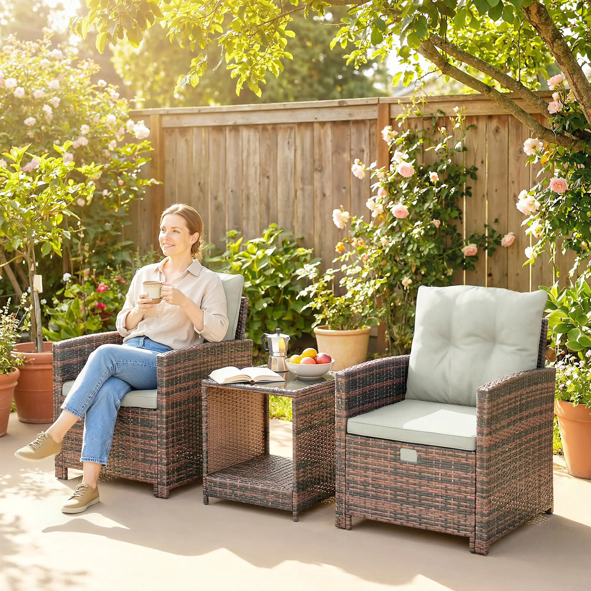 5 Piece Patio Set, Wicker Chairs With Ottomans, Glass Coffee Table, Brown Cream - Image 10