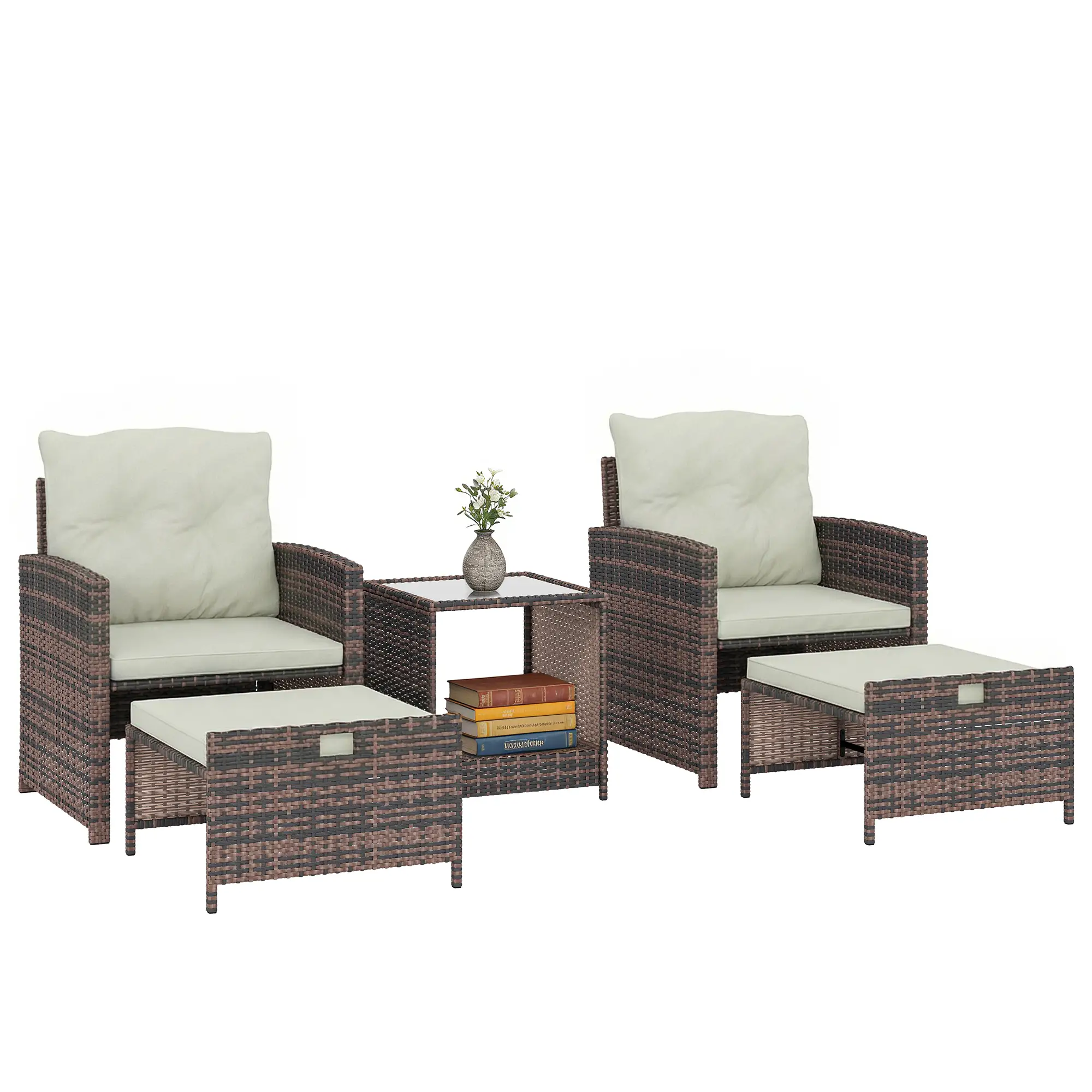 5 Piece Patio Set, Wicker Chairs With Ottomans, Glass Coffee Table, Brown Cream - Image 11