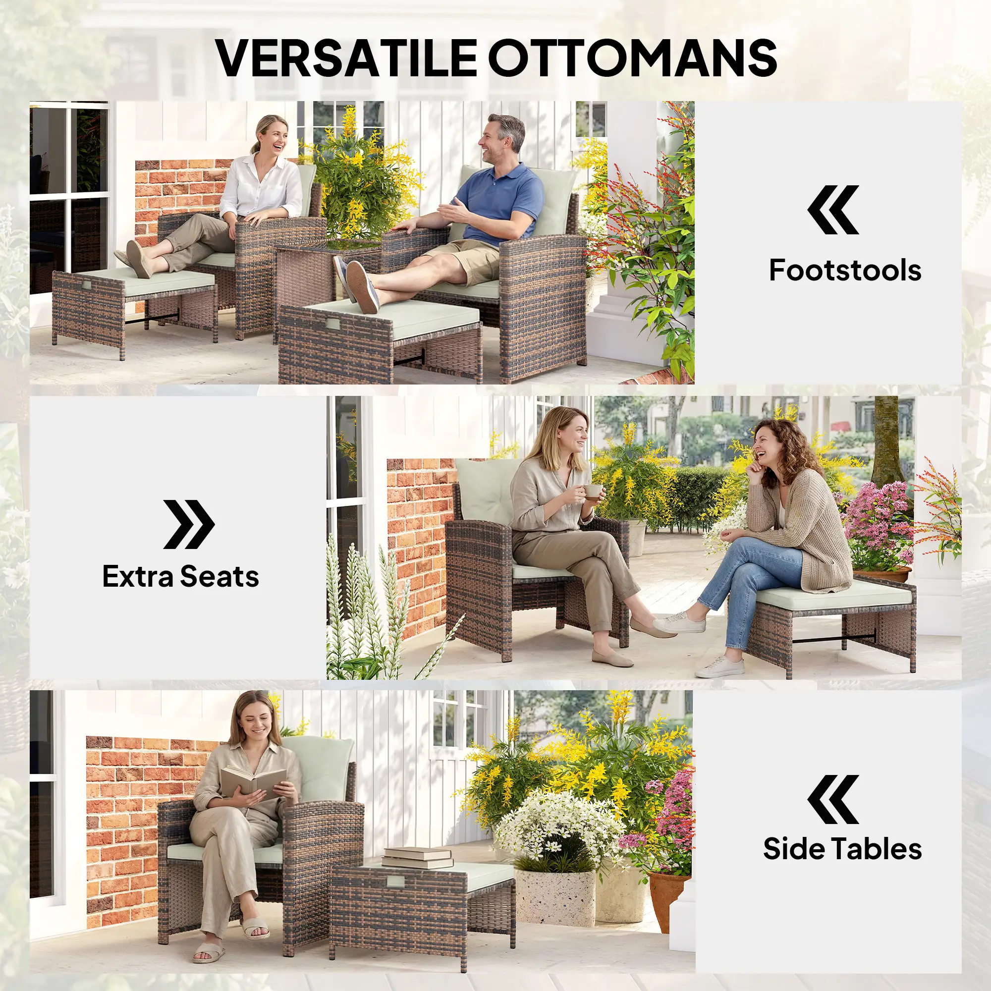 5 Piece Patio Set, Wicker Chairs With Ottomans, Glass Coffee Table, Brown Cream - Image 5