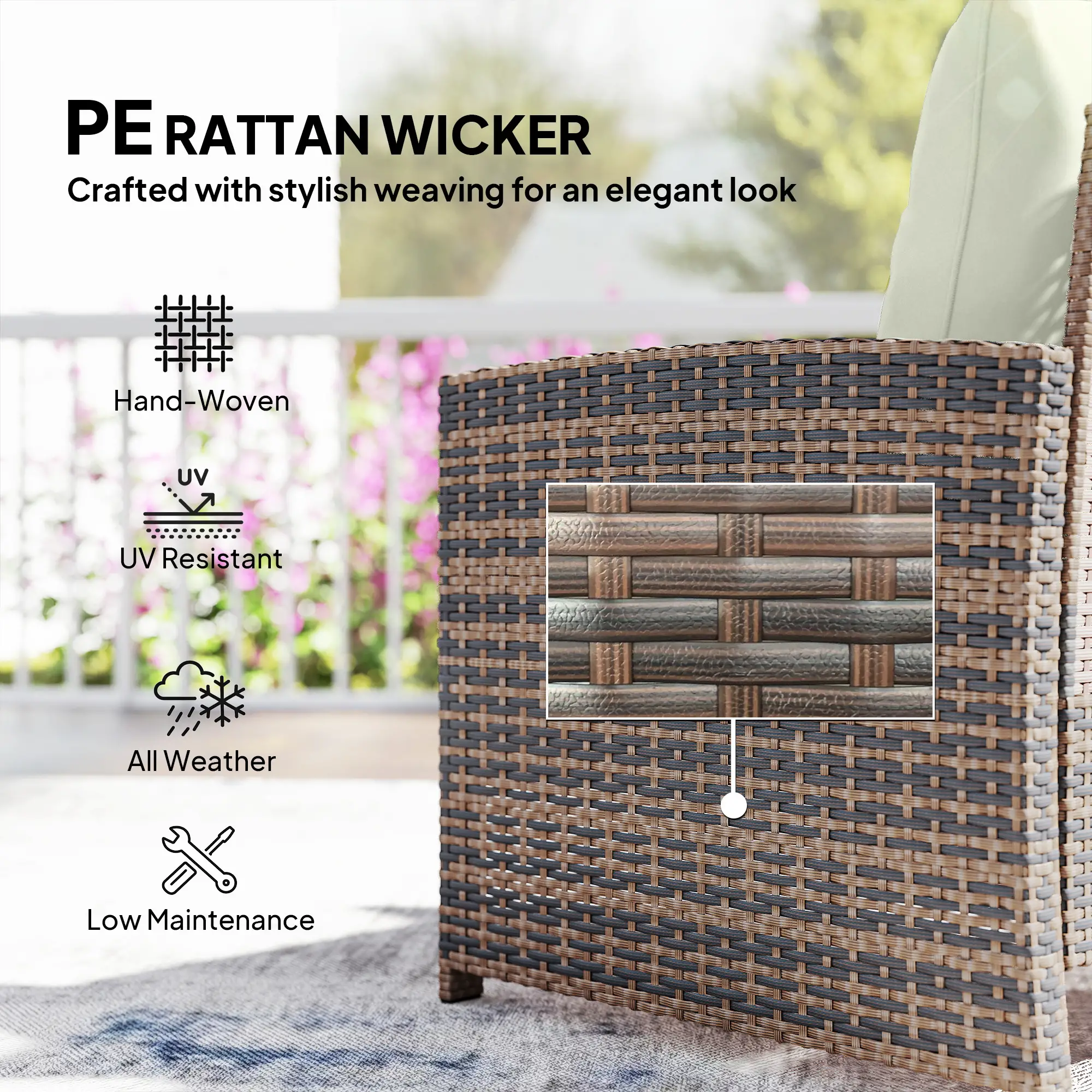 5 Piece Patio Set, Wicker Chairs With Ottomans, Glass Coffee Table, Brown Cream - Image 6