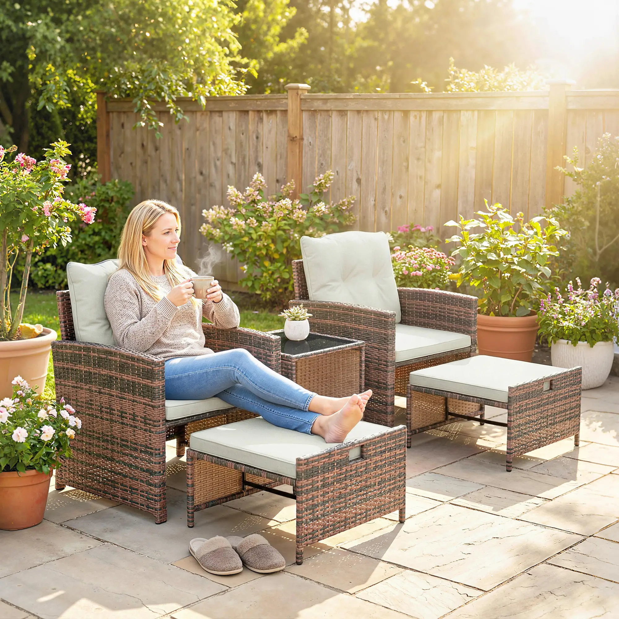 5 Piece Patio Set, Wicker Chairs With Ottomans, Glass Coffee Table, Brown Cream - Image 8