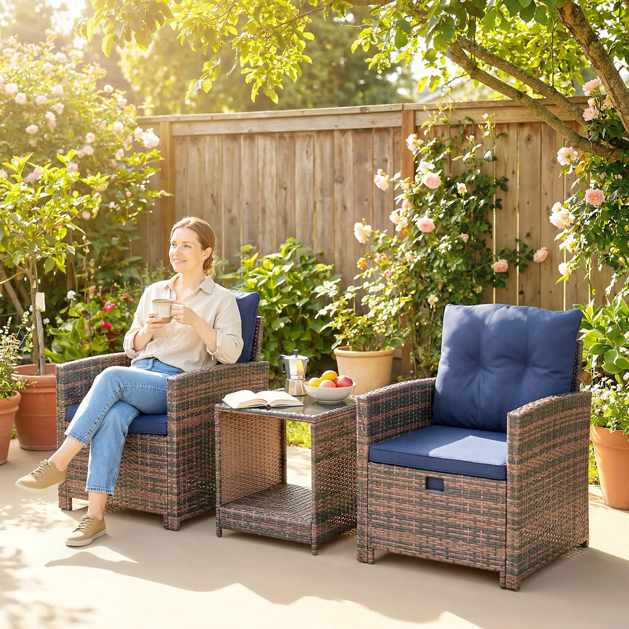 5 Piece Patio Set, Wicker Chairs With Ottomans, Glass Coffee Table, Brown/Dark Blue - Image 10