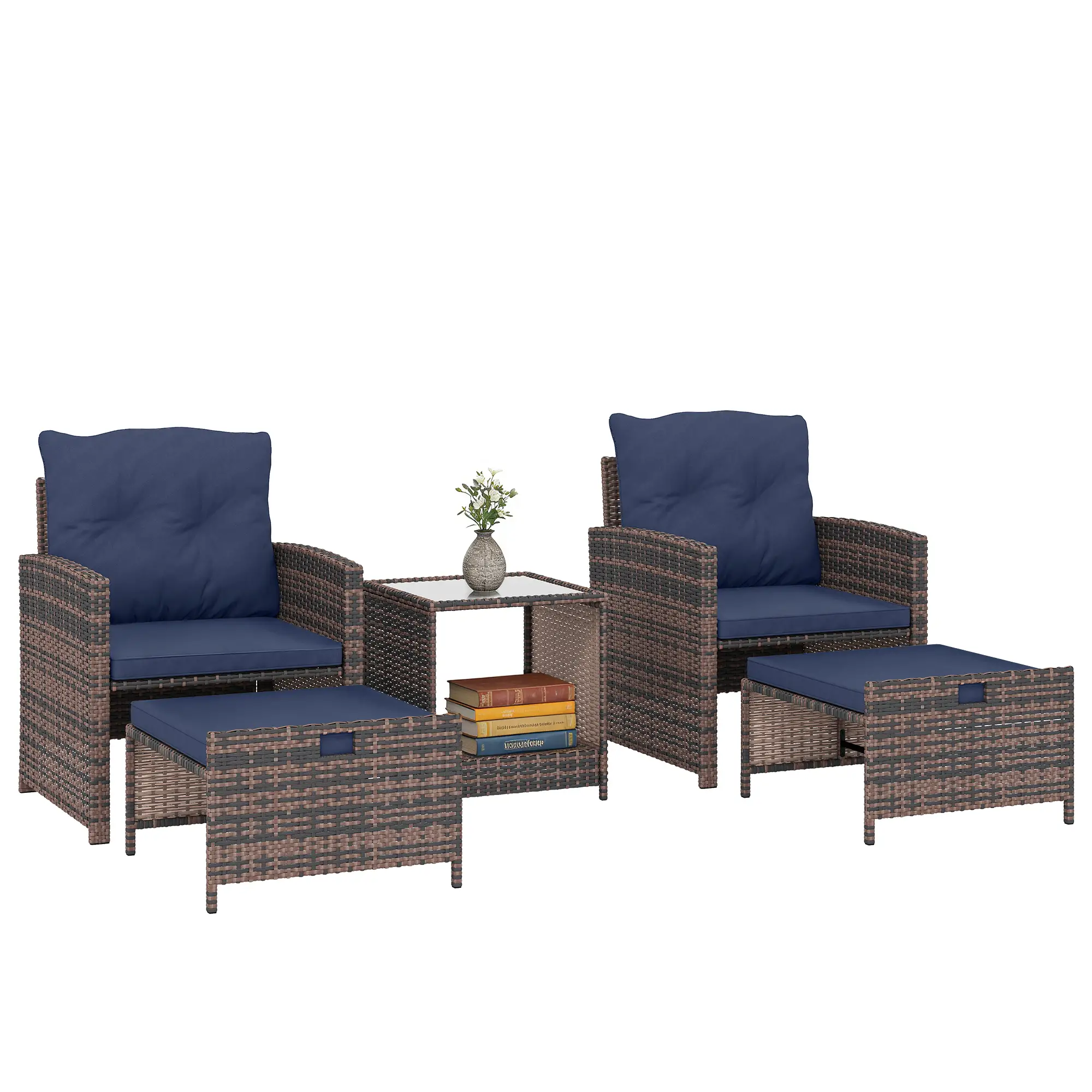 5 Piece Patio Set, Wicker Chairs With Ottomans, Glass Coffee Table, Brown/Dark Blue - Image 11