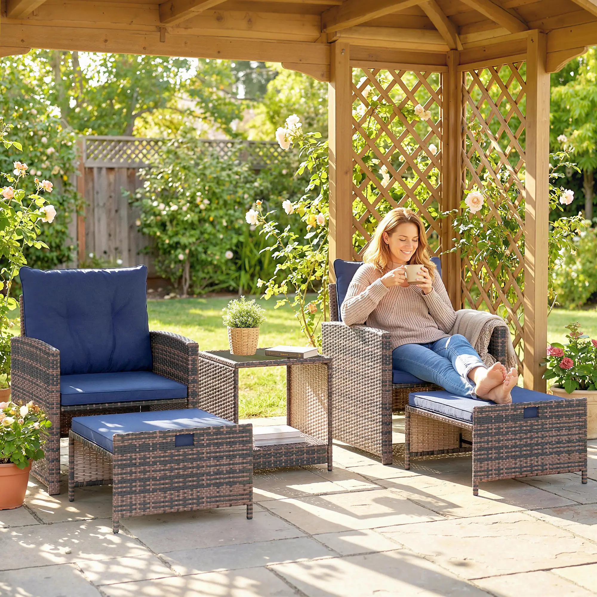 5 Piece Patio Set, Wicker Chairs With Ottomans, Glass Coffee Table, Brown/Dark Blue - Image 2