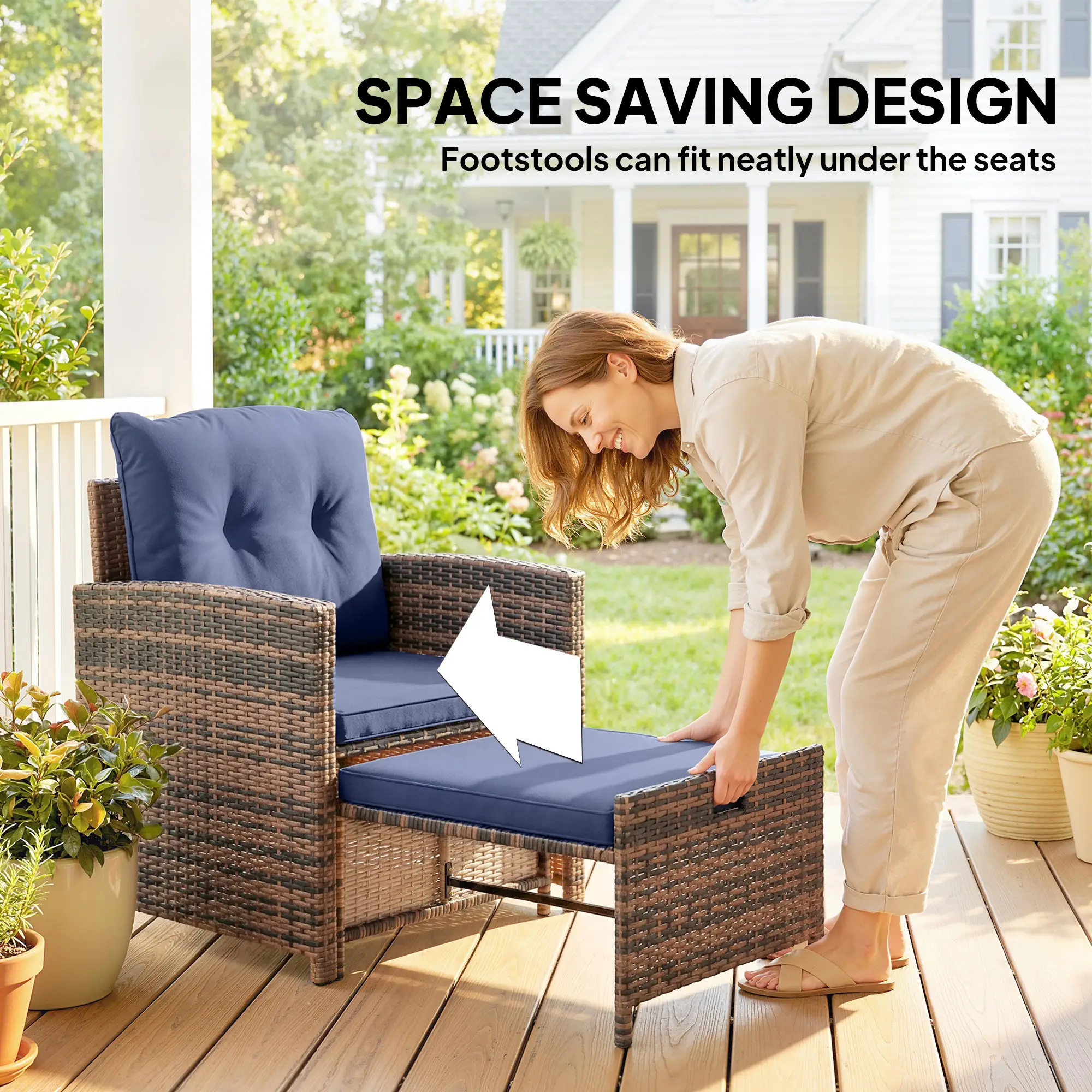 5 Piece Patio Set, Wicker Chairs With Ottomans, Glass Coffee Table, Brown/Dark Blue - Image 4