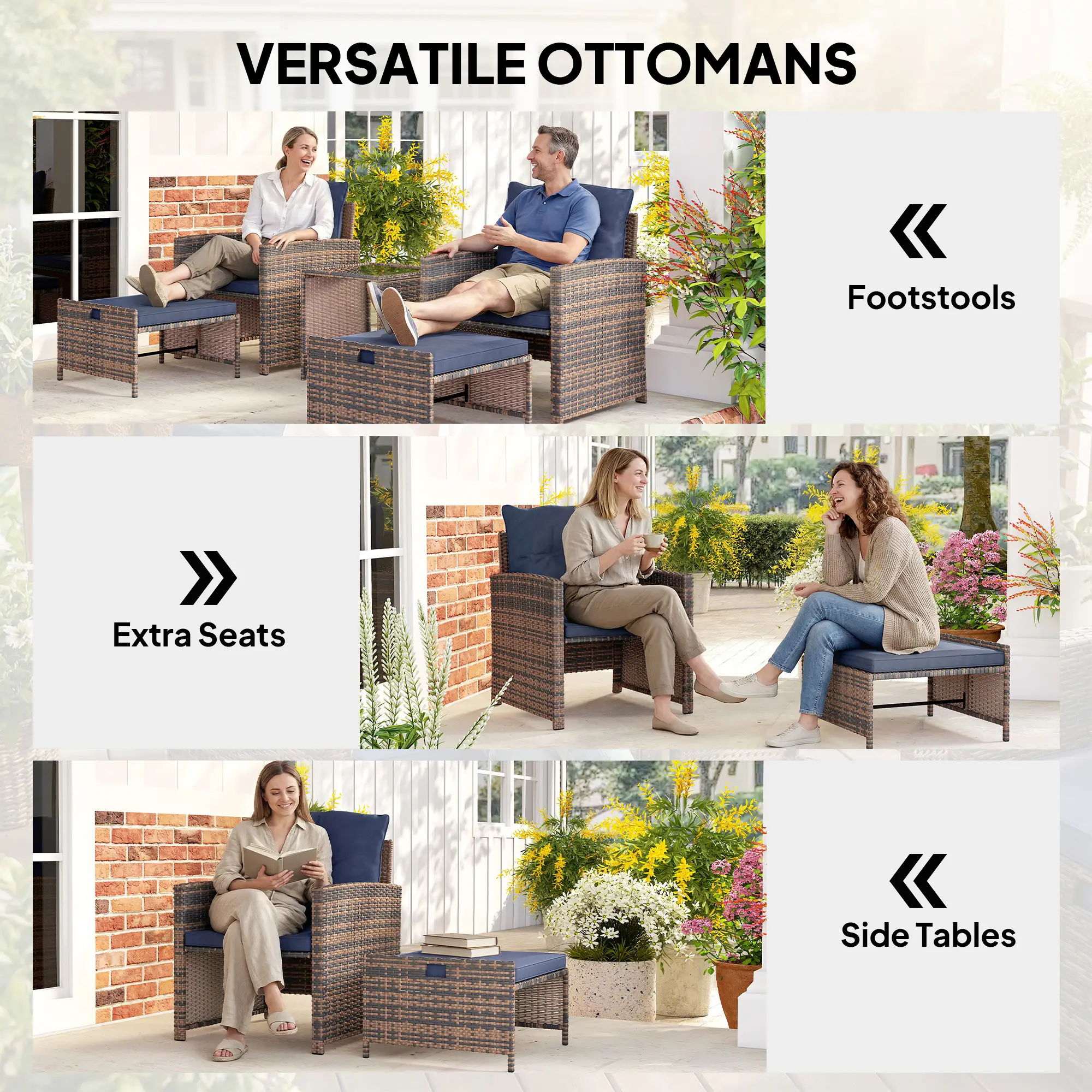 5 Piece Patio Set, Wicker Chairs With Ottomans, Glass Coffee Table, Brown/Dark Blue - Image 5