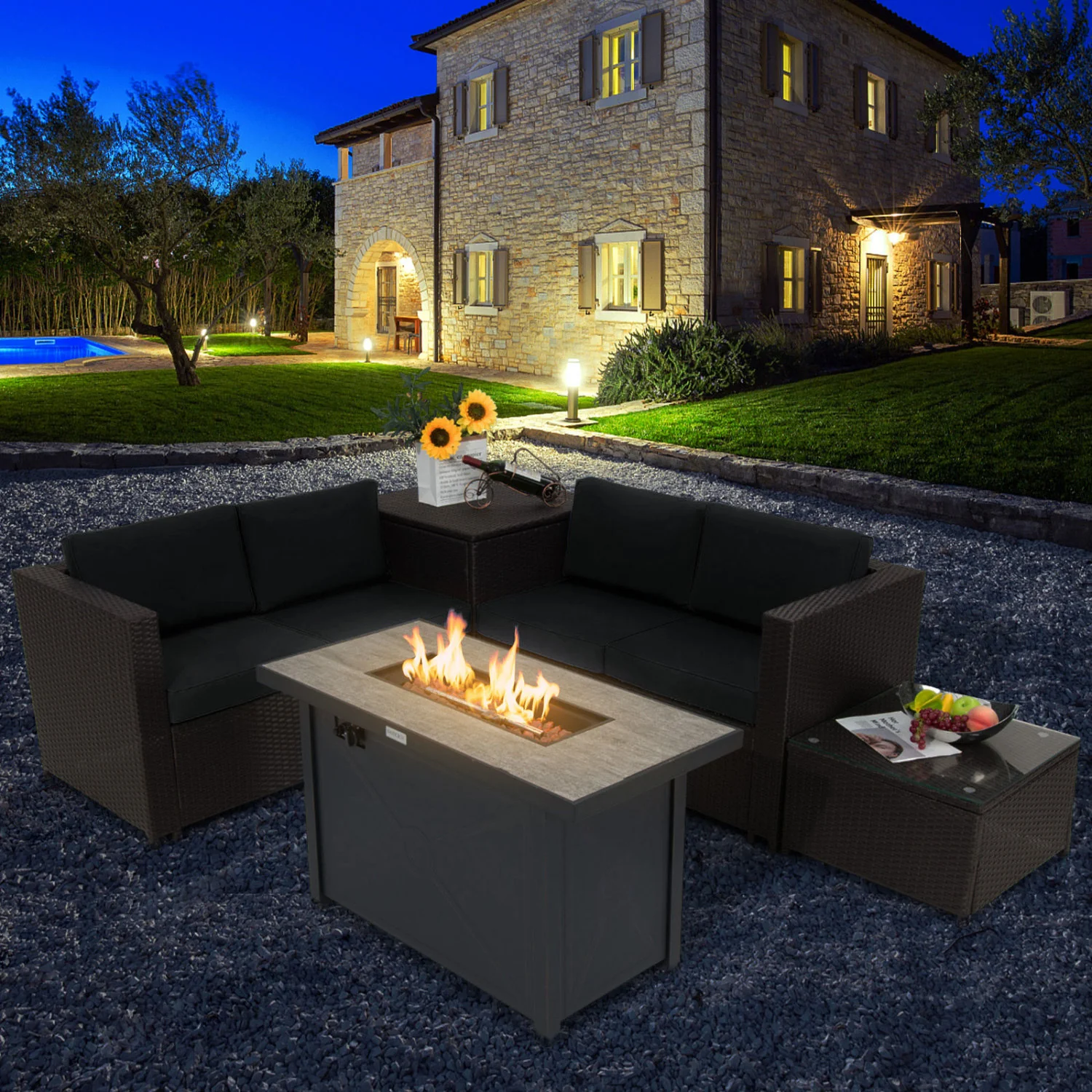5-Piece Patio Set with Fire Pit Table, Black - Image 3