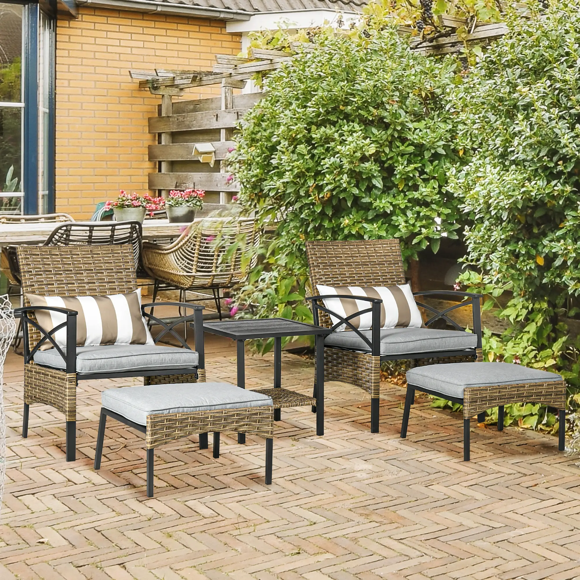 5 Piece PE Rattan Garden Set, 2 Armchairs, 2 Stools, Steel Table, Khaki - Image 10