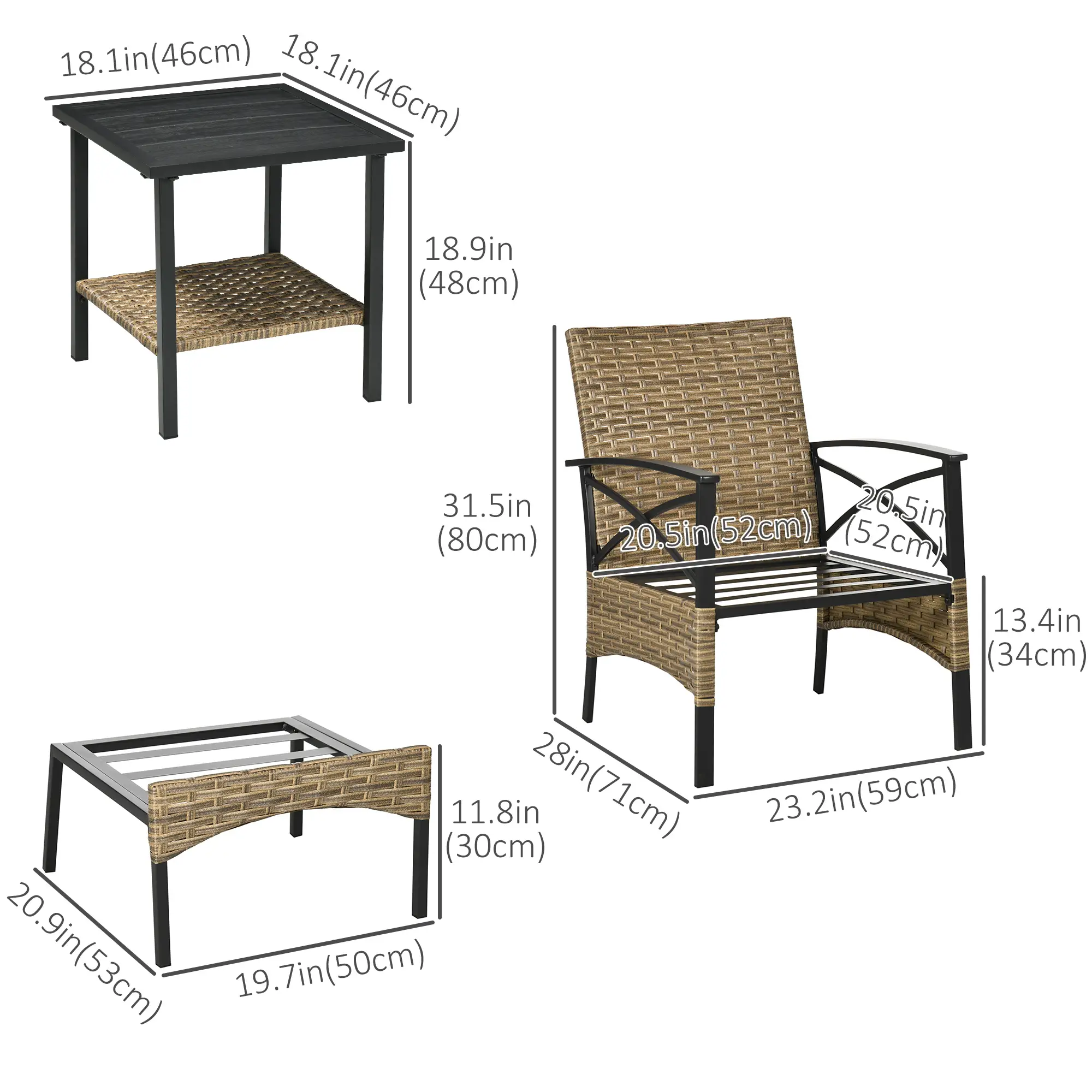 5 Piece PE Rattan Garden Set, 2 Armchairs, 2 Stools, Steel Table, Khaki - Image 3