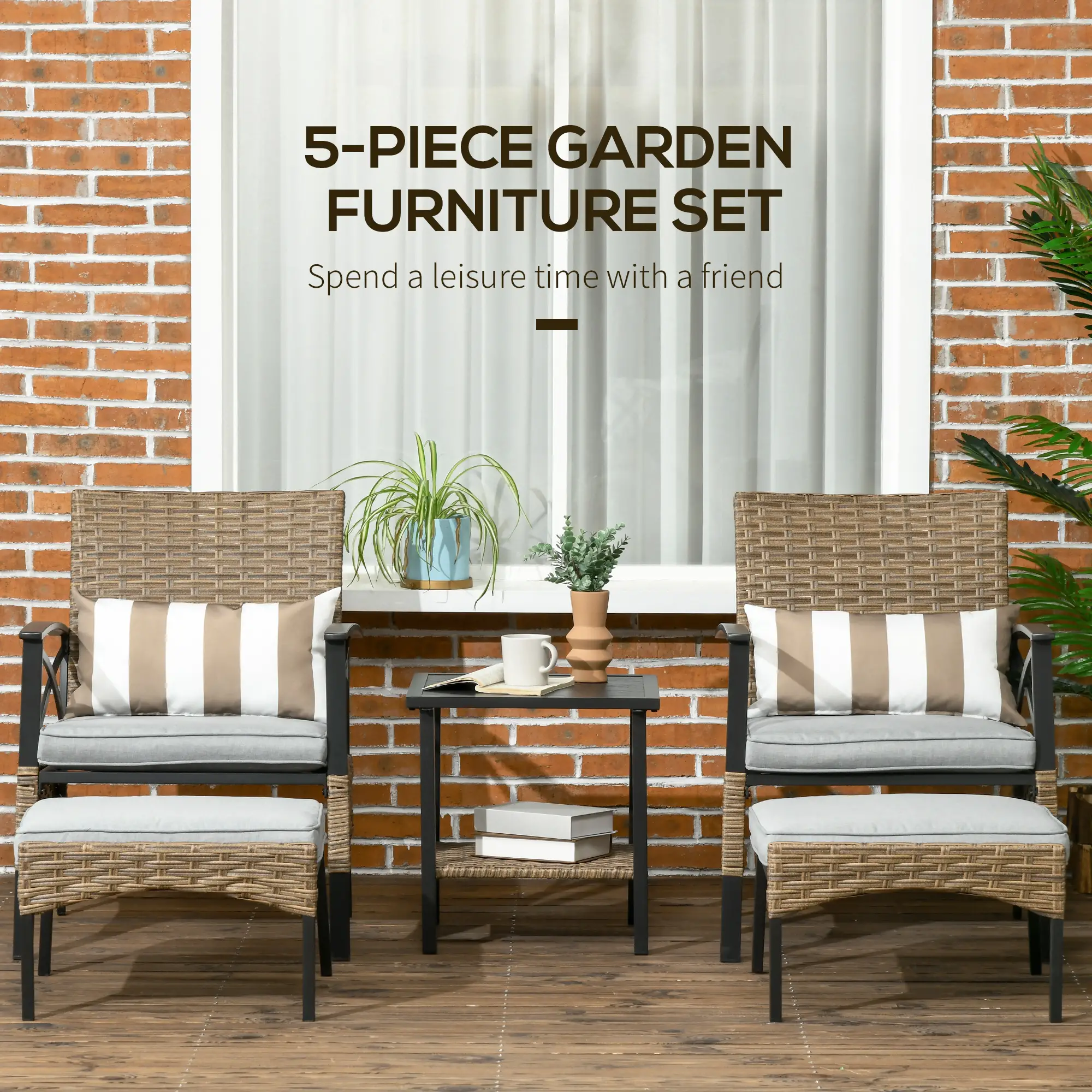 5 Piece PE Rattan Garden Set, 2 Armchairs, 2 Stools, Steel Table, Khaki - Image 4