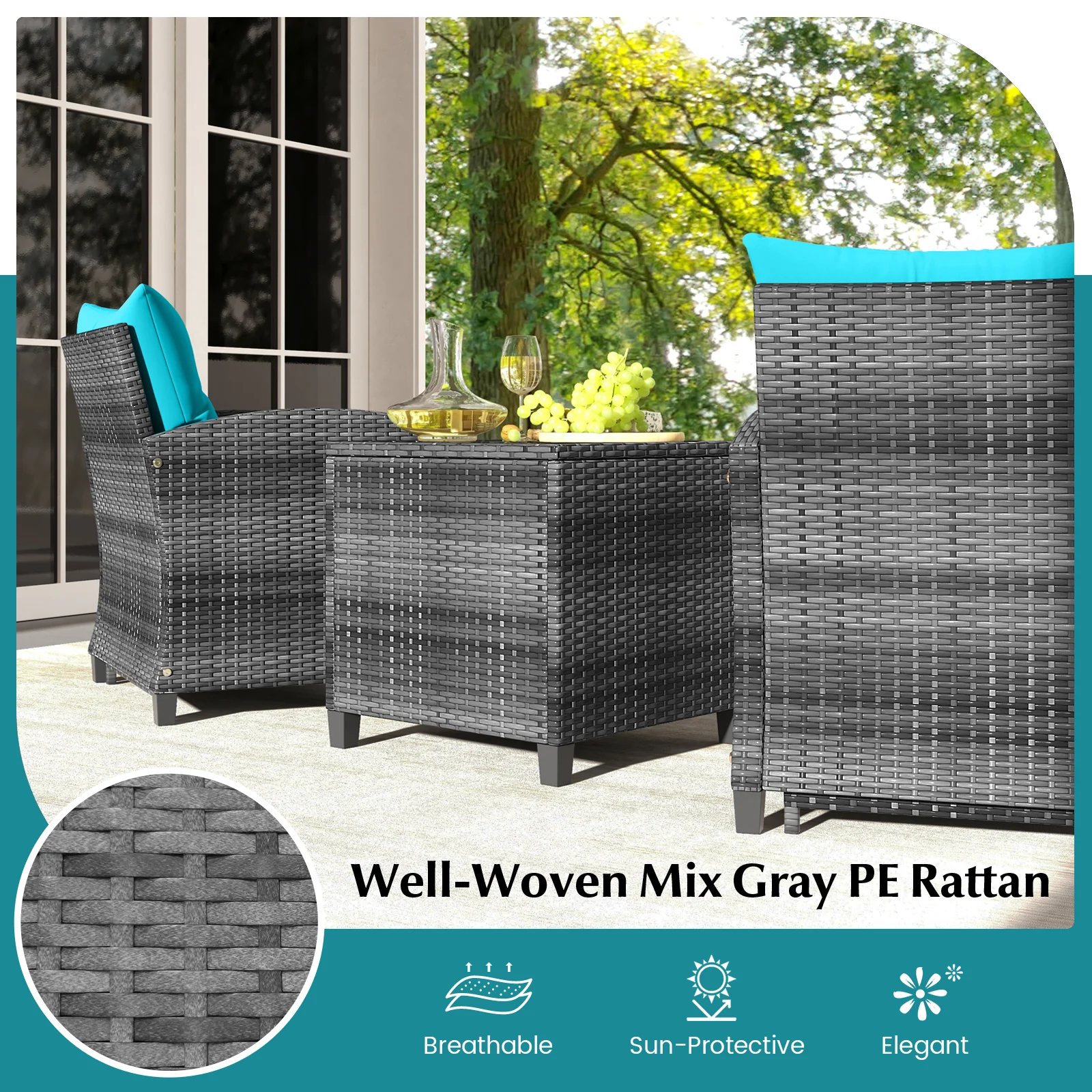 5 Piece Rattan Patio Furniture, 2 Ottomans, Tempered Glass Table, Turquoise - Image 10