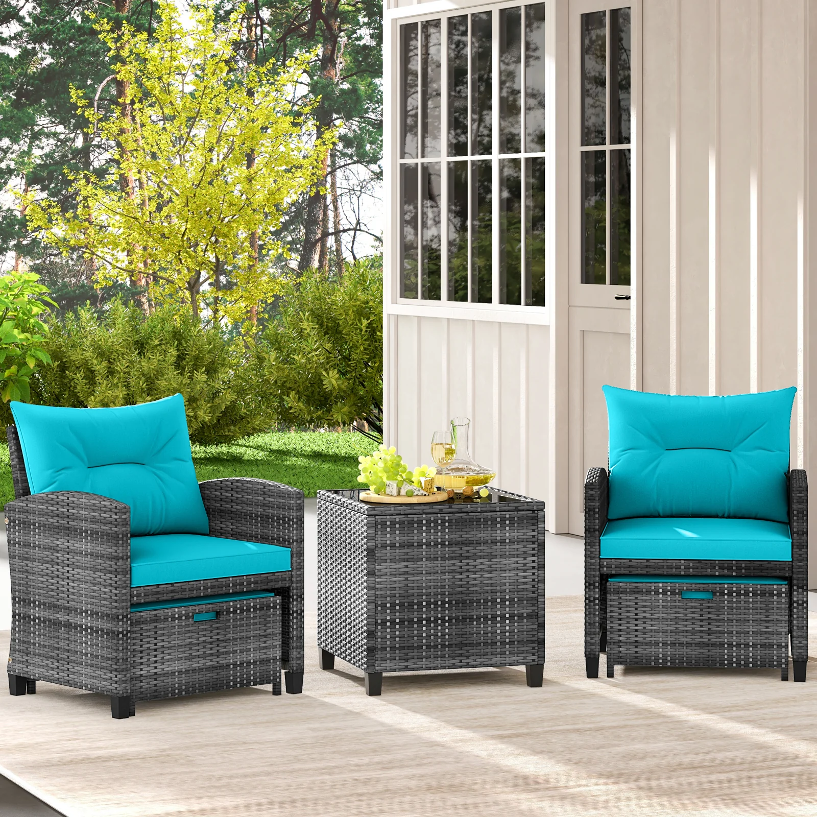 5 Piece Rattan Patio Furniture, 2 Ottomans, Tempered Glass Table, Turquoise - Image 3