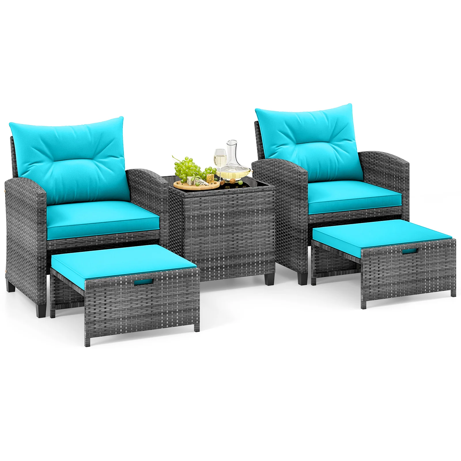 5 Piece Rattan Patio Furniture, 2 Ottomans, Tempered Glass Table, Turquoise - Image 4
