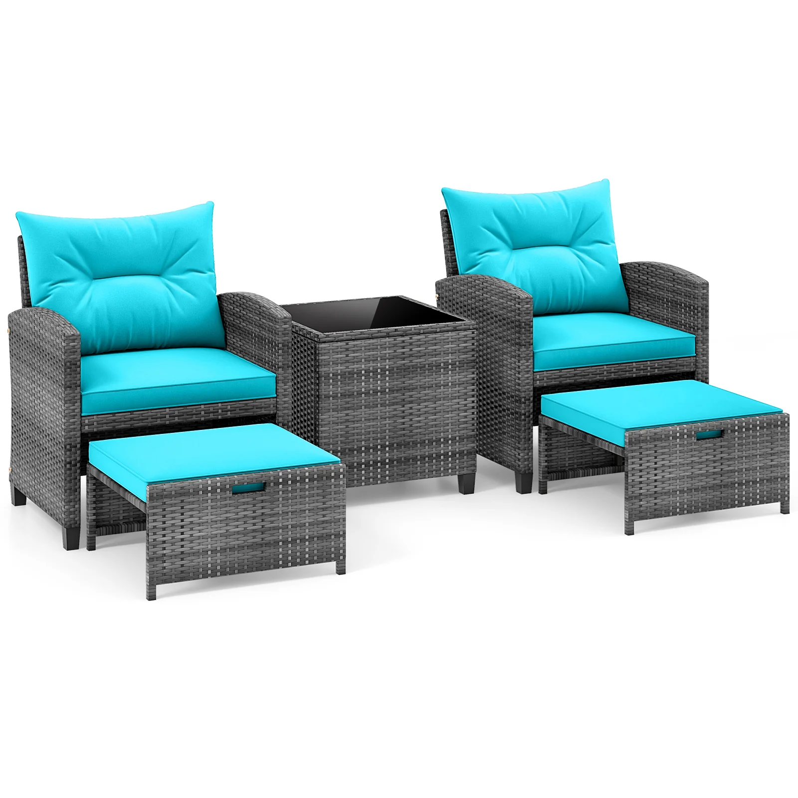 5 Piece Rattan Patio Furniture, 2 Ottomans, Tempered Glass Table, Turquoise - Image 5