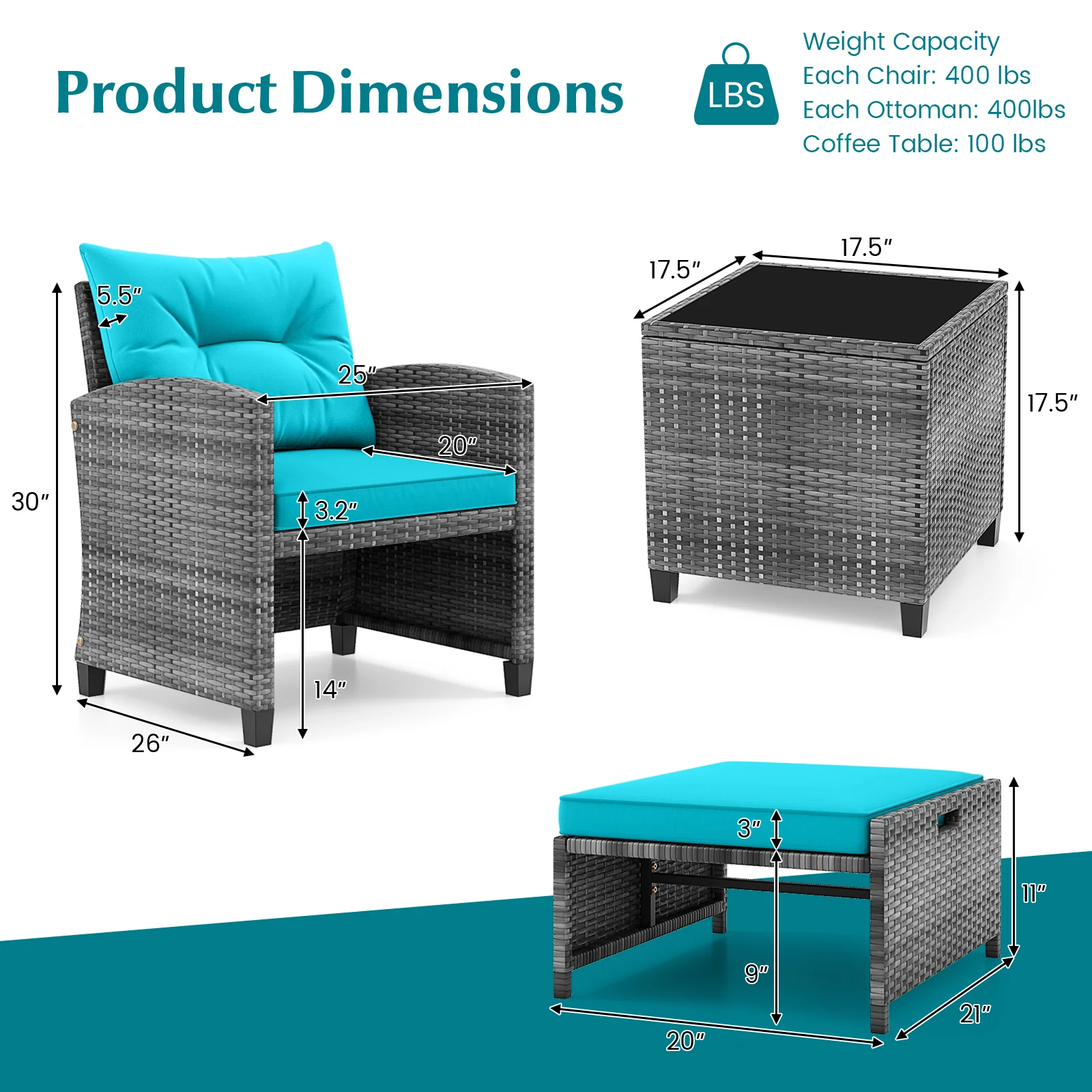 5 Piece Rattan Patio Furniture, 2 Ottomans, Tempered Glass Table, Turquoise - Image 6