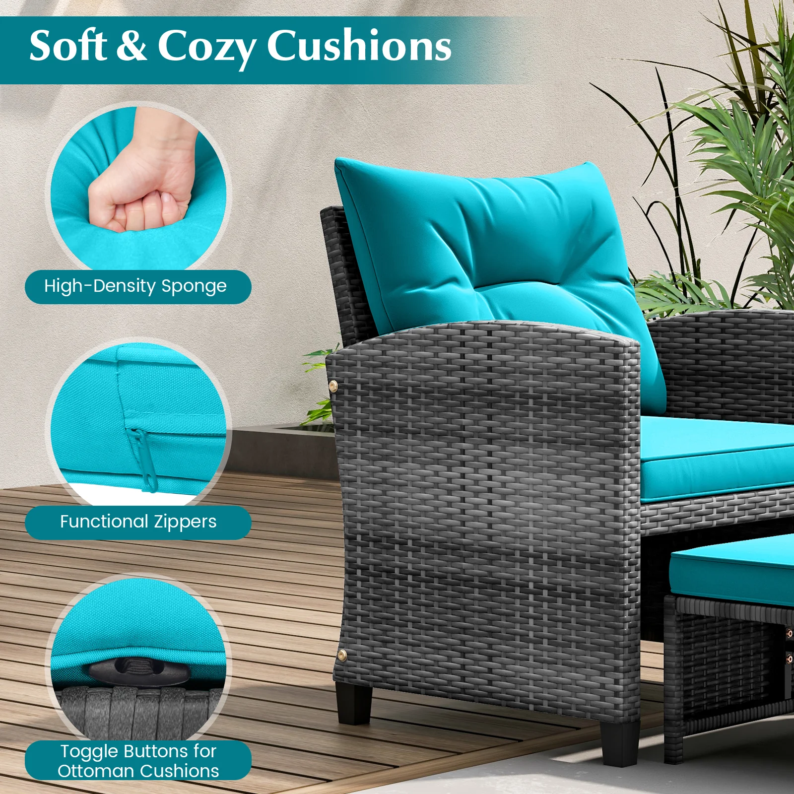 5 Piece Rattan Patio Furniture, 2 Ottomans, Tempered Glass Table, Turquoise - Image 7