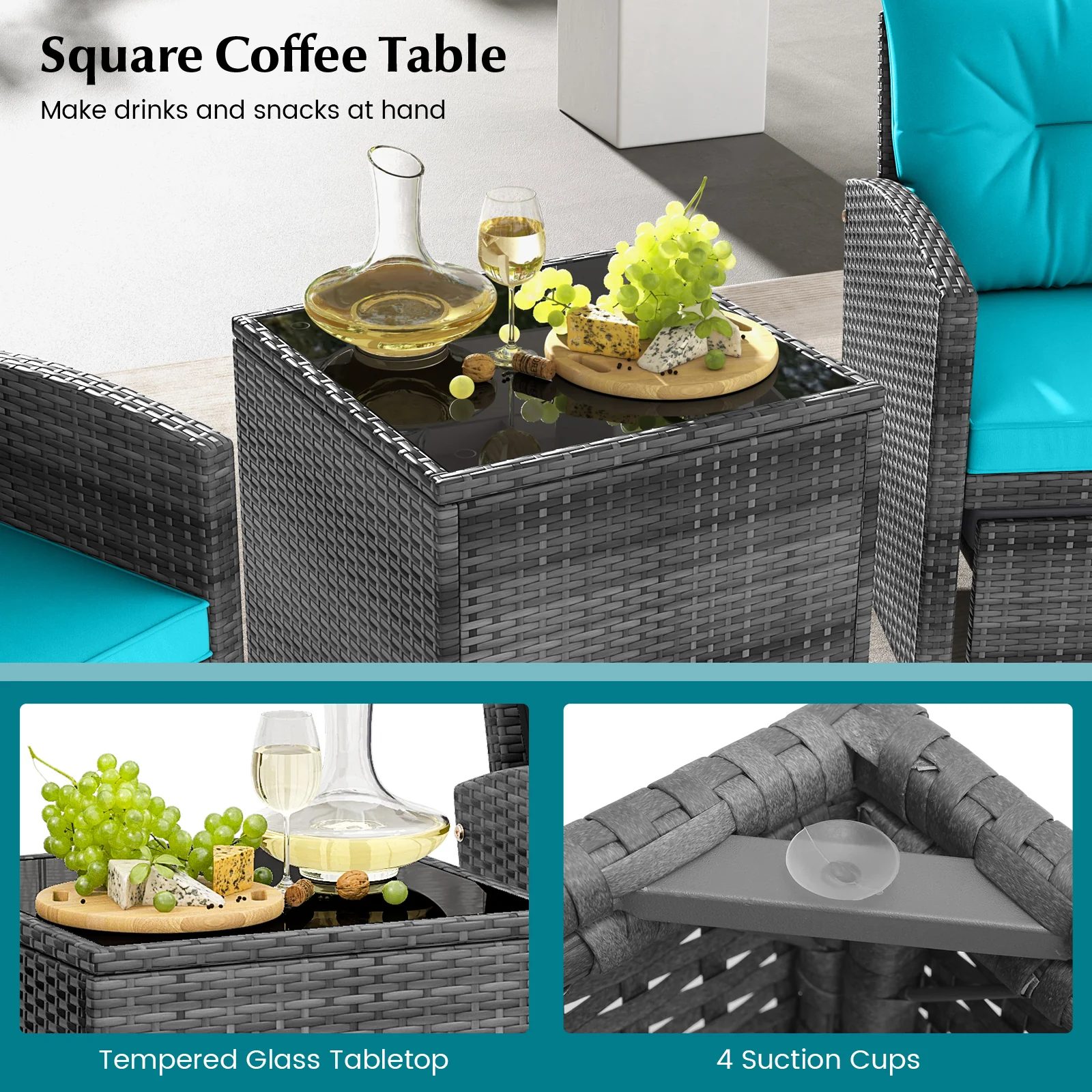 5 Piece Rattan Patio Furniture, 2 Ottomans, Tempered Glass Table, Turquoise - Image 8
