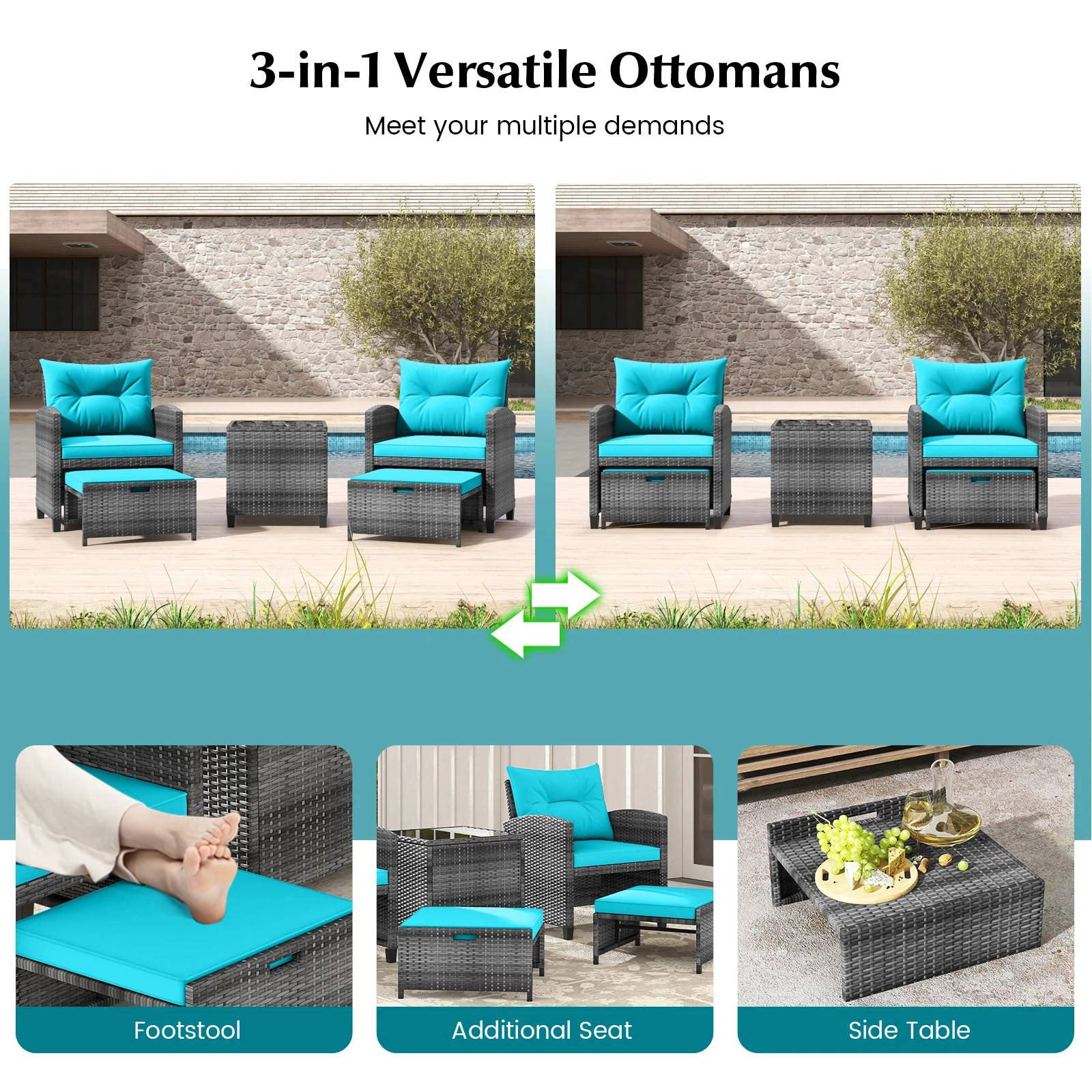 5 Piece Rattan Patio Furniture, 2 Ottomans, Tempered Glass Table, Turquoise - Image 9