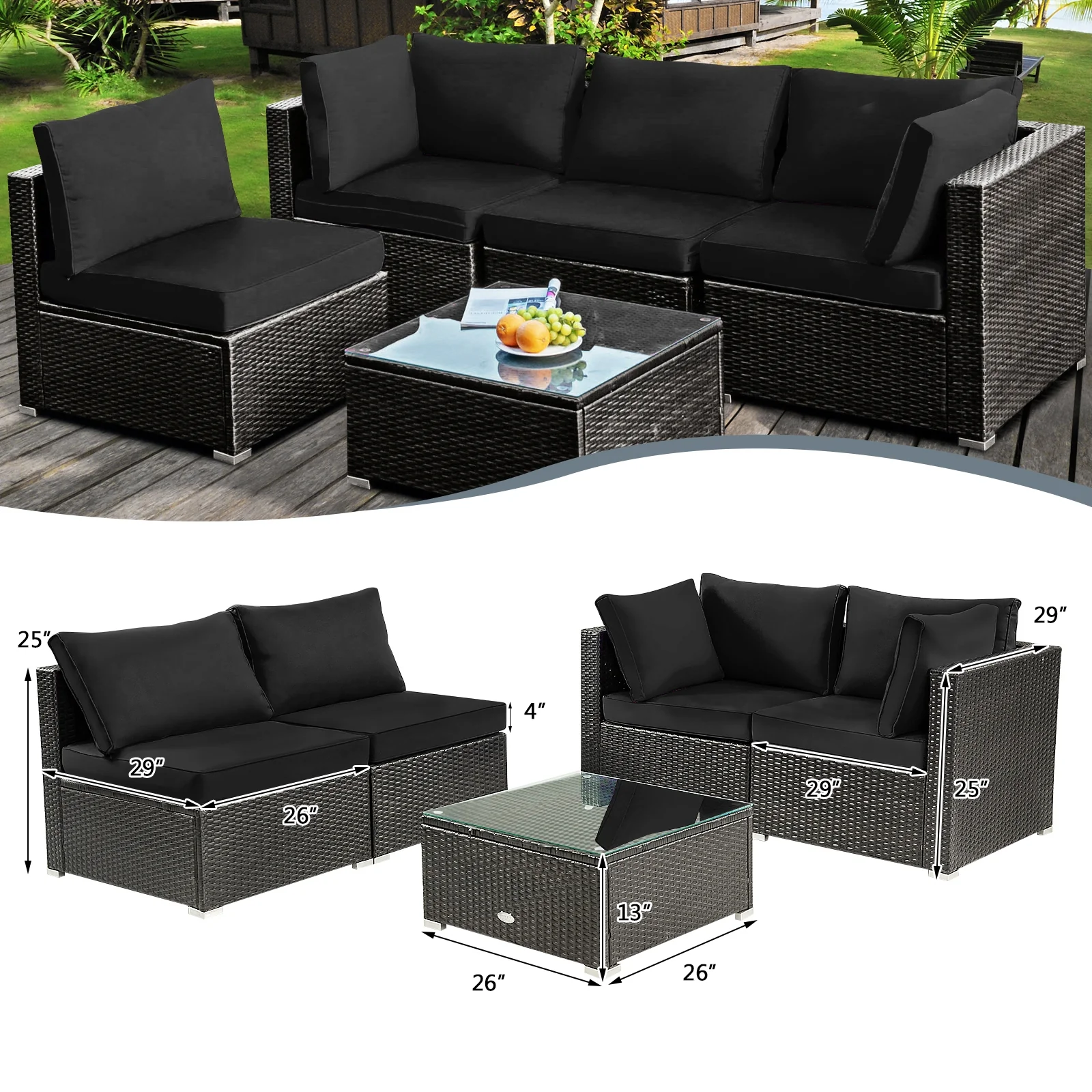 5-Piece Rattan Patio Set, Glass Table, Black - Image 5