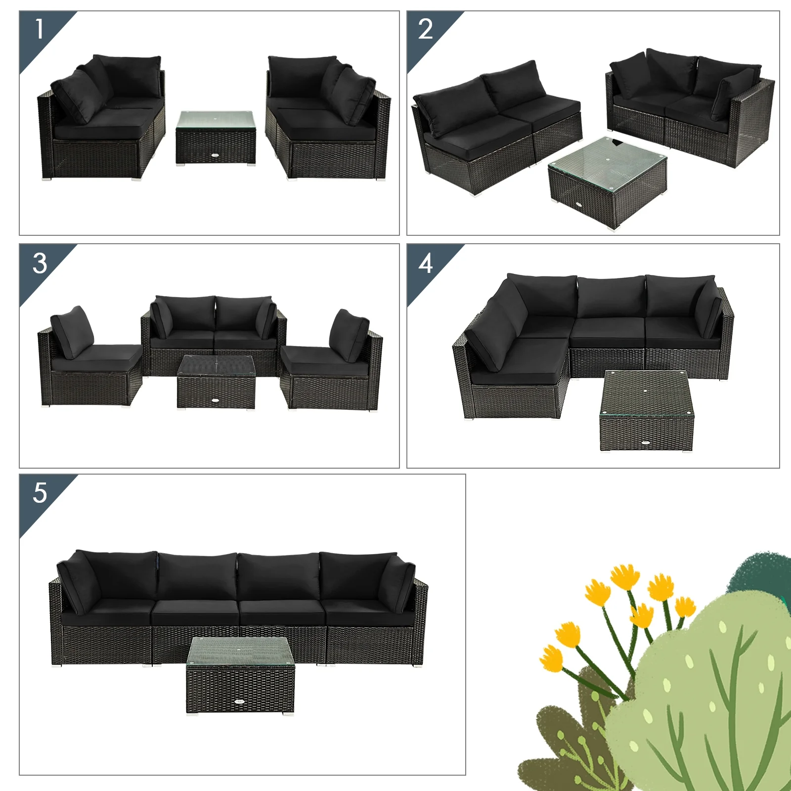5-Piece Rattan Patio Set, Glass Table, Black - Image 6